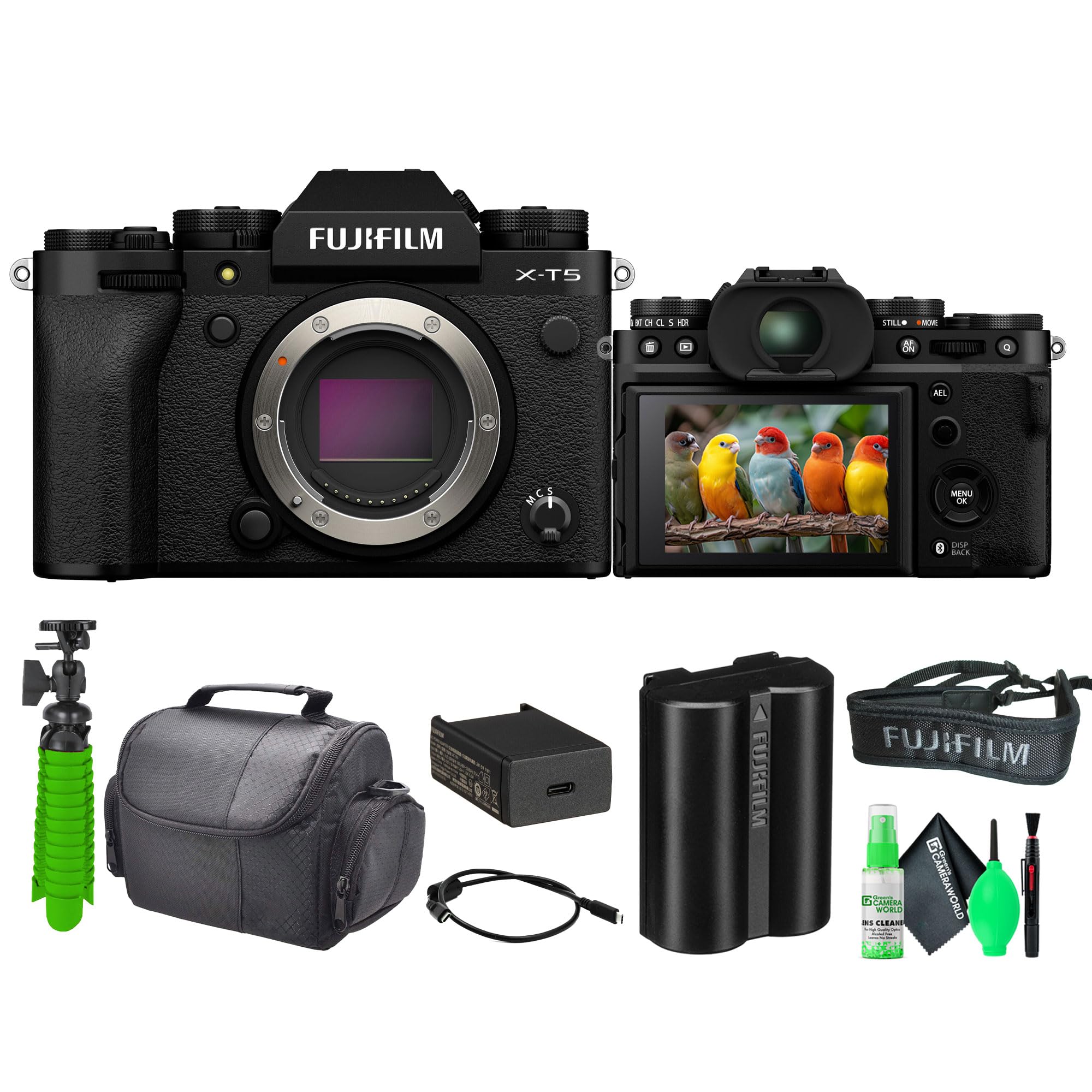 Fujifilm X-T5 Mirrorless Digital Camera Body Bundle with Greens Lens Cleaning Kit + 12 Inch Flexible Vlogging Tripod + Travel Camara Bag (Black)