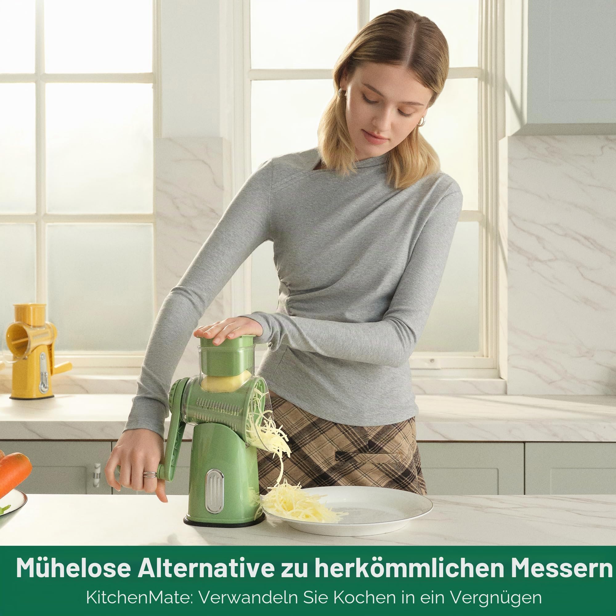 SUSTEAS Käsereibe mit Kurbel - Reibe für Gemüse mit 5 Trommelblättern, Starkem Saugfuß, Gemüseschneider,ideal für Käse,Gurken, Karotten,Nüsse,Gemüse usw, mit Klingenaufbewahrungsbox (Retro-Grün)
