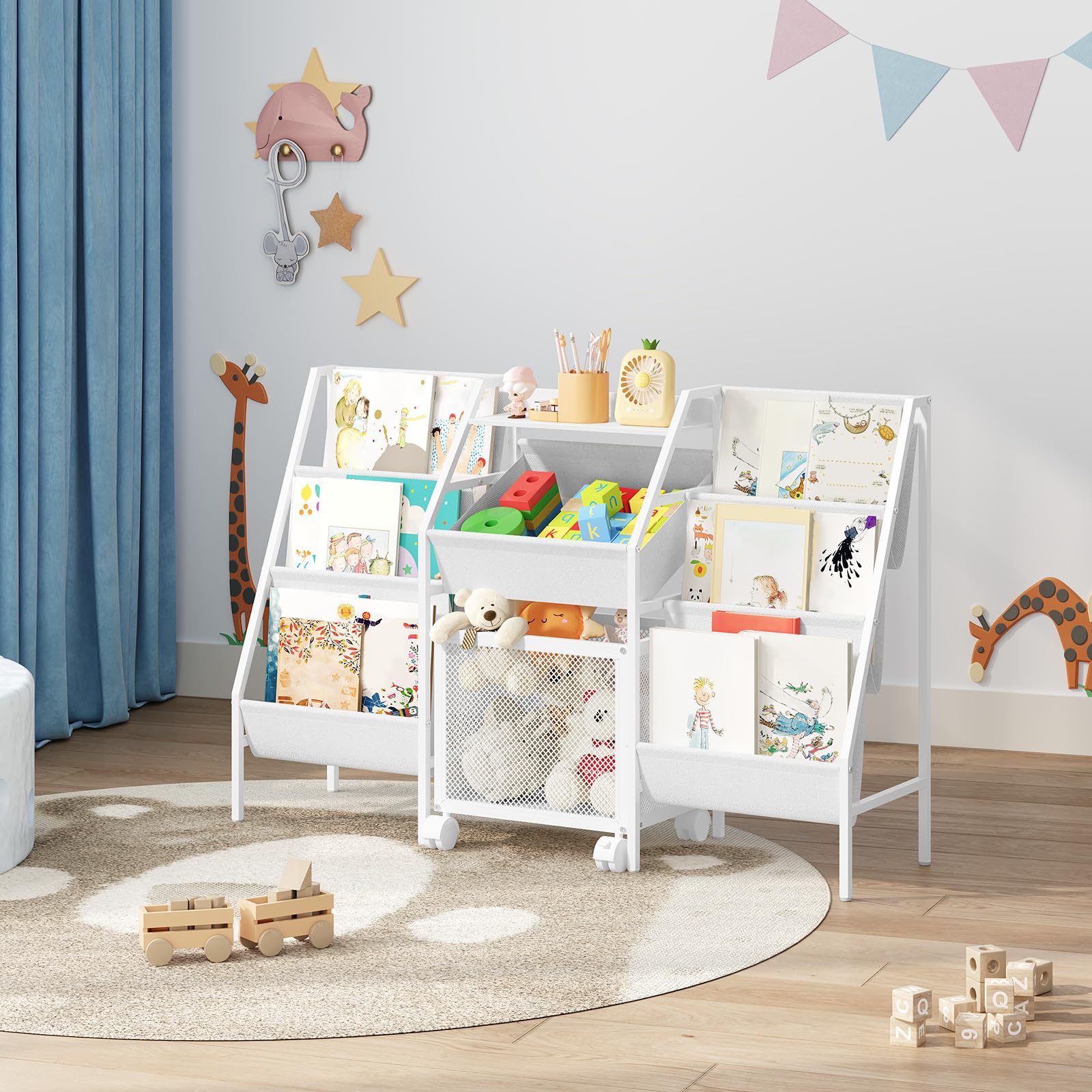 MAHANCRIS Kids Bookshelf and Toy Storage, 3-Tier Toddler Bookcase with Rolling Toy Bin, Large Nursery Book Shelf for Kids Room, Bedroom, Classroom, Playroom, White KBWT2701