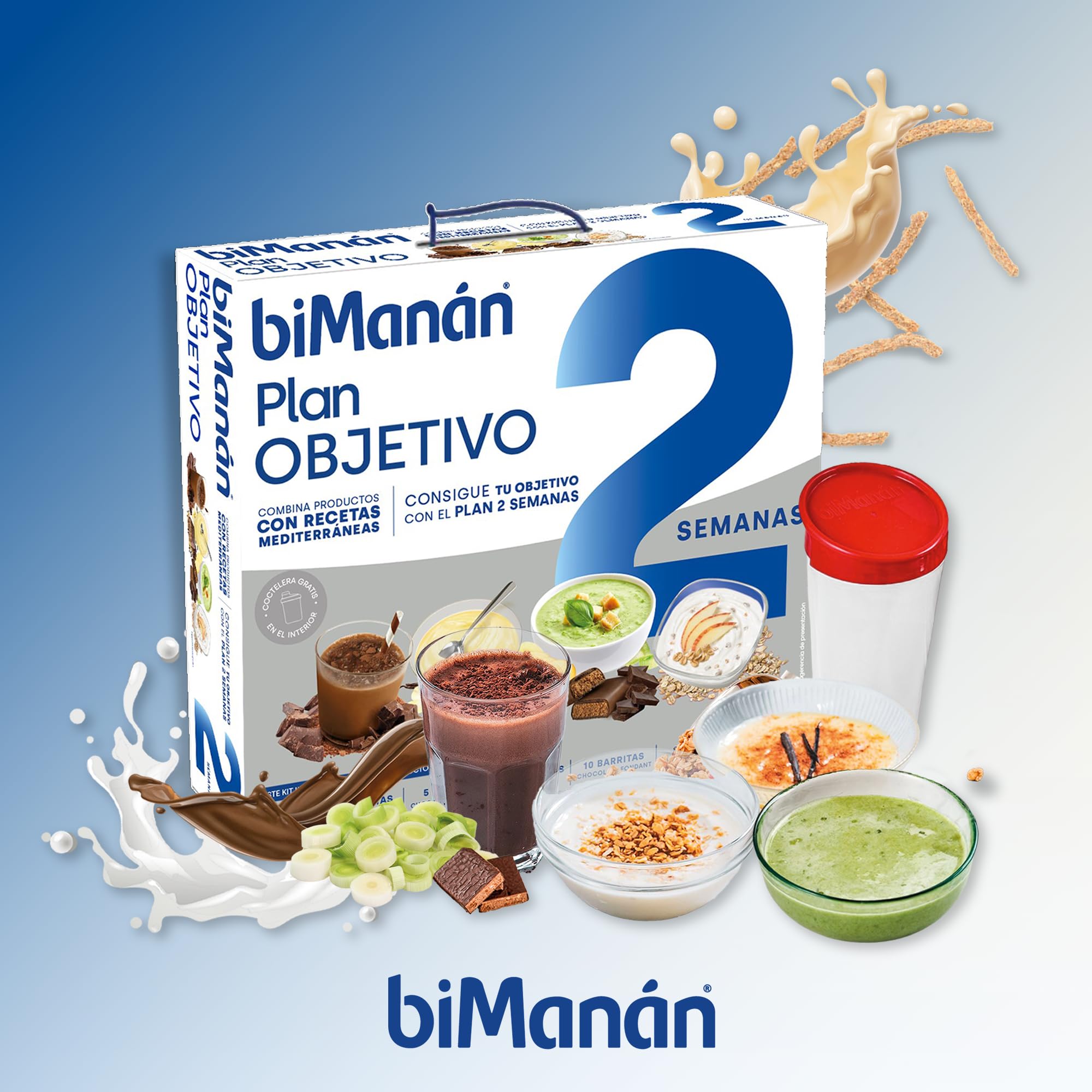 biManán - Plan Objetivo 2 Semanas, Sustitutivos para el Control y la Pérdida de Peso, Incluye Batidos, Natillas, Cremas, Barritas y una Coctelera, con Vitaminas y Minerales