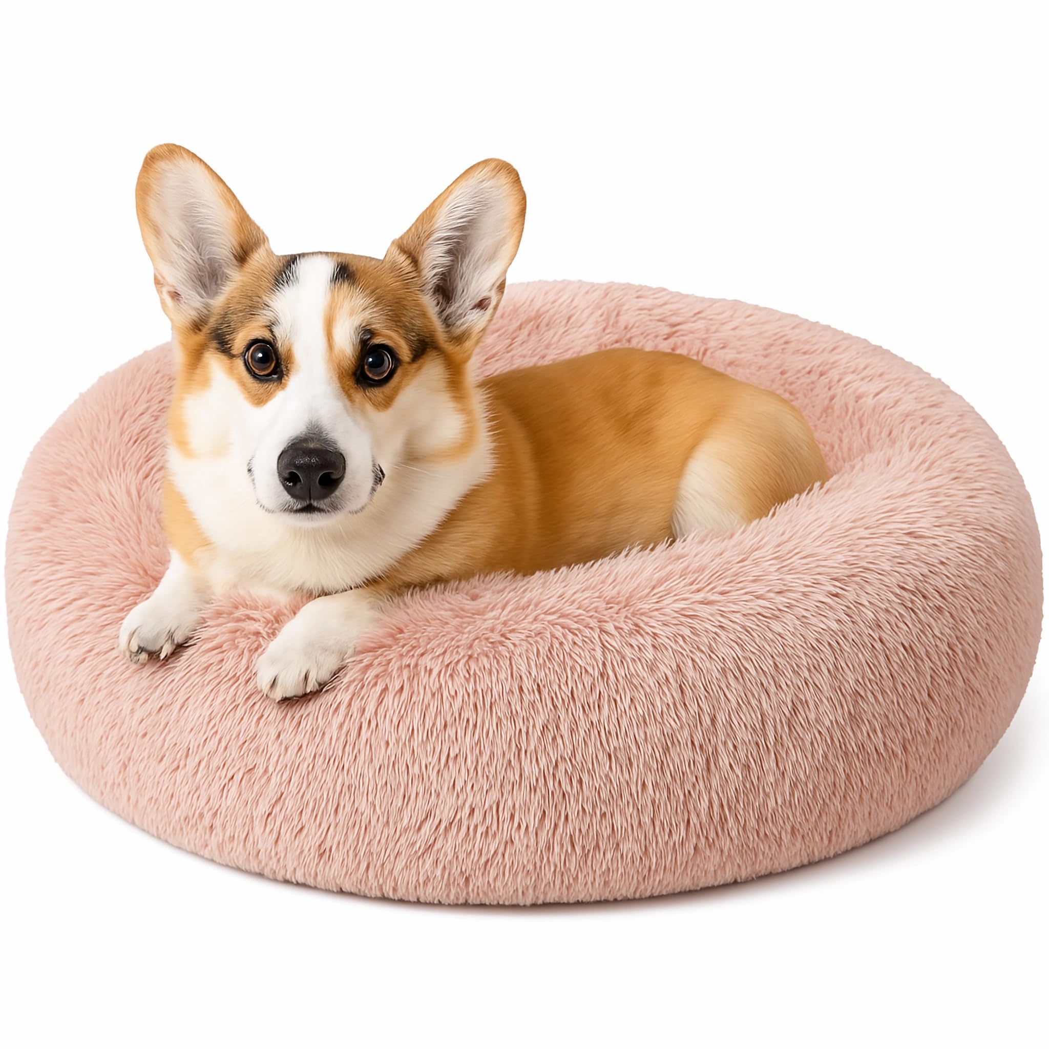 SEOUGEE Calming Donut Dog Bed, Fluffy Plush Round Cat Bed, Cosy Soft Washable Cushion Warming Pet Beds Non-Slip Bottom, Indoor Sleeping Cuddler Nest for Small Medium Dogs (Dusty Pink 70cm)