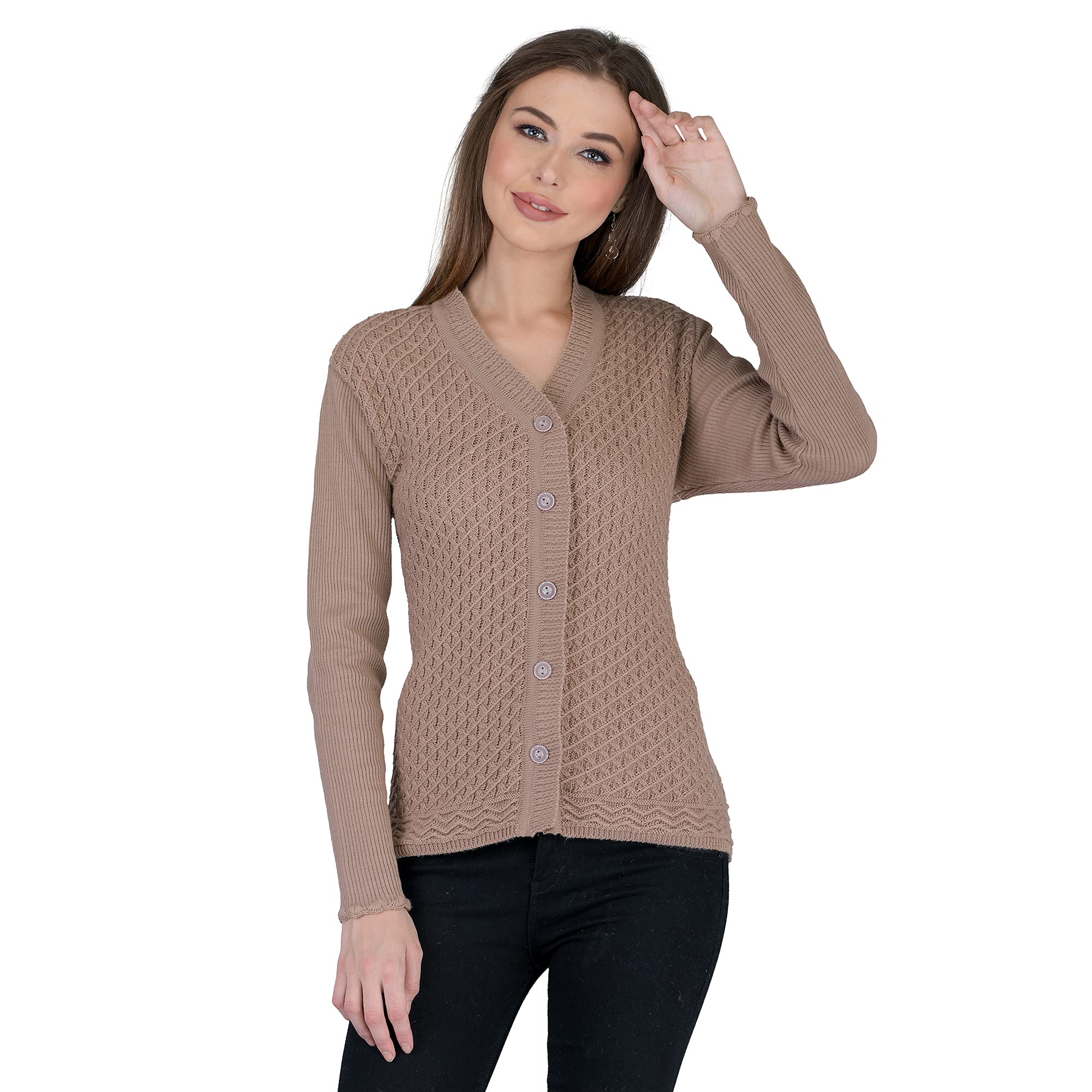 lady willington Women's Woolen V-Neck Cardigan - Heavy Daffodil Fabric Winter Wear Pure Wool Cardigan for Women - Free Size Long Cotty Fully Warm - Small, Walnut-picture-29