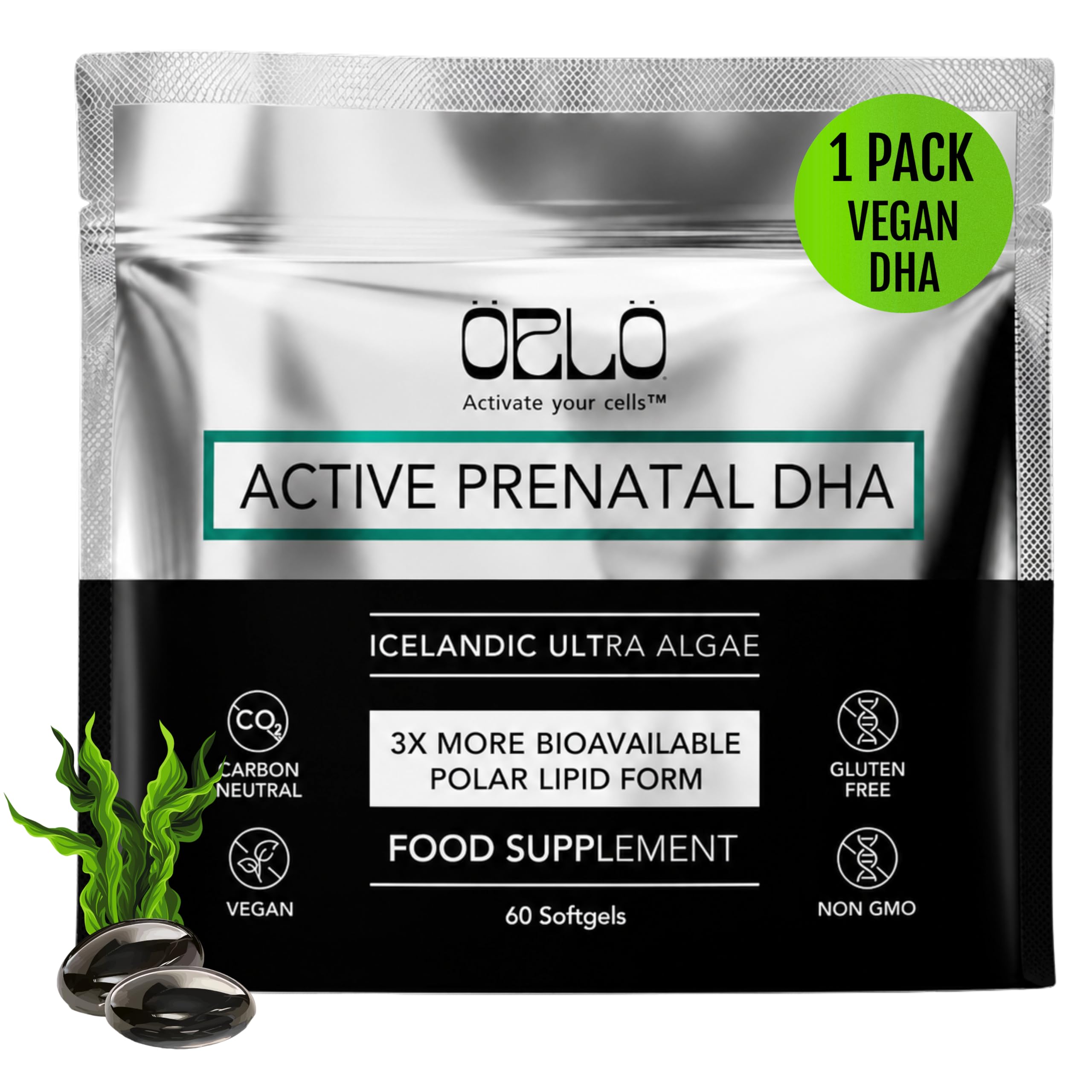Orlo Prenatal DHA 1000mg – Vegan Algae Omega 3 for Mom & Baby, 60 Softgels 60 Softgels (1 Pack)