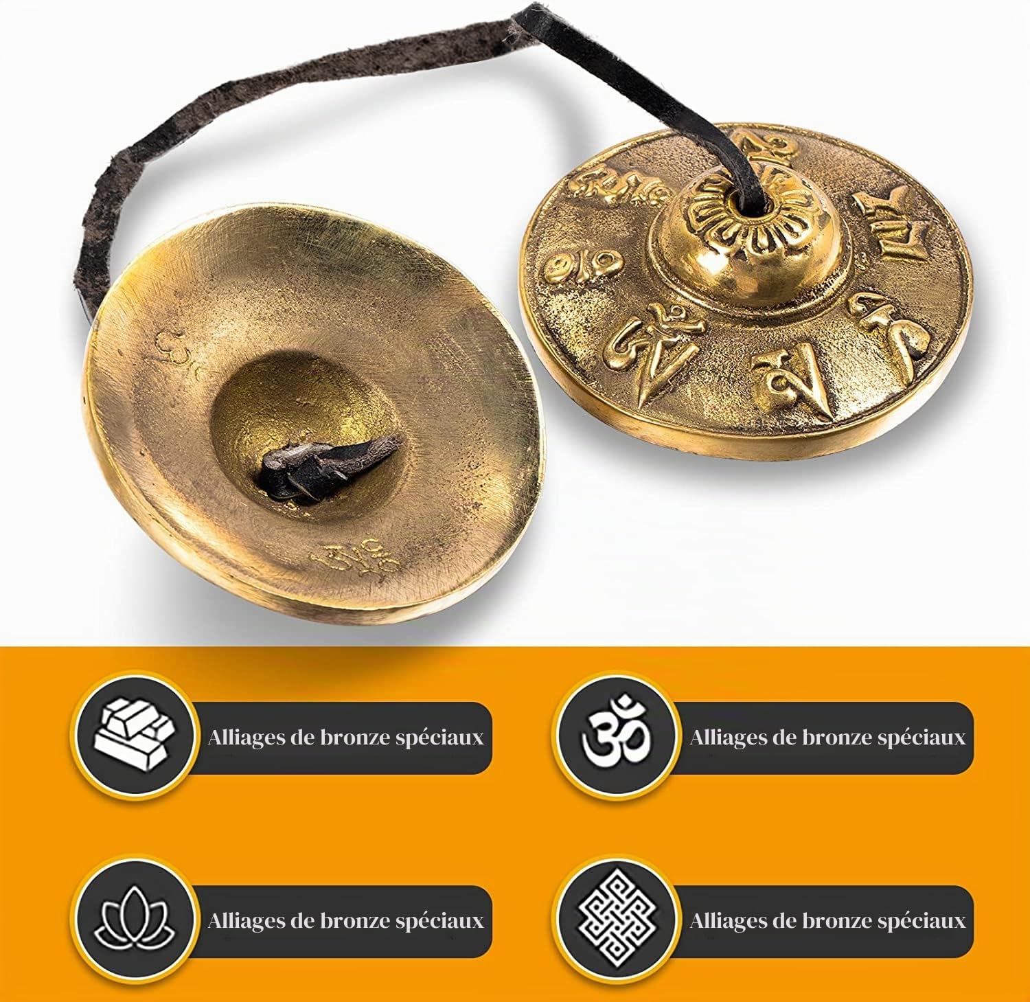 Tingsha Tibétain,Conque Tibétaine,Tingsha Cymbales,Cymbales Tibétaines,Cloche Tibétaine,Carillons Cloches,Mantra-Om Mane Padme Hum(petit,laiton) (A)