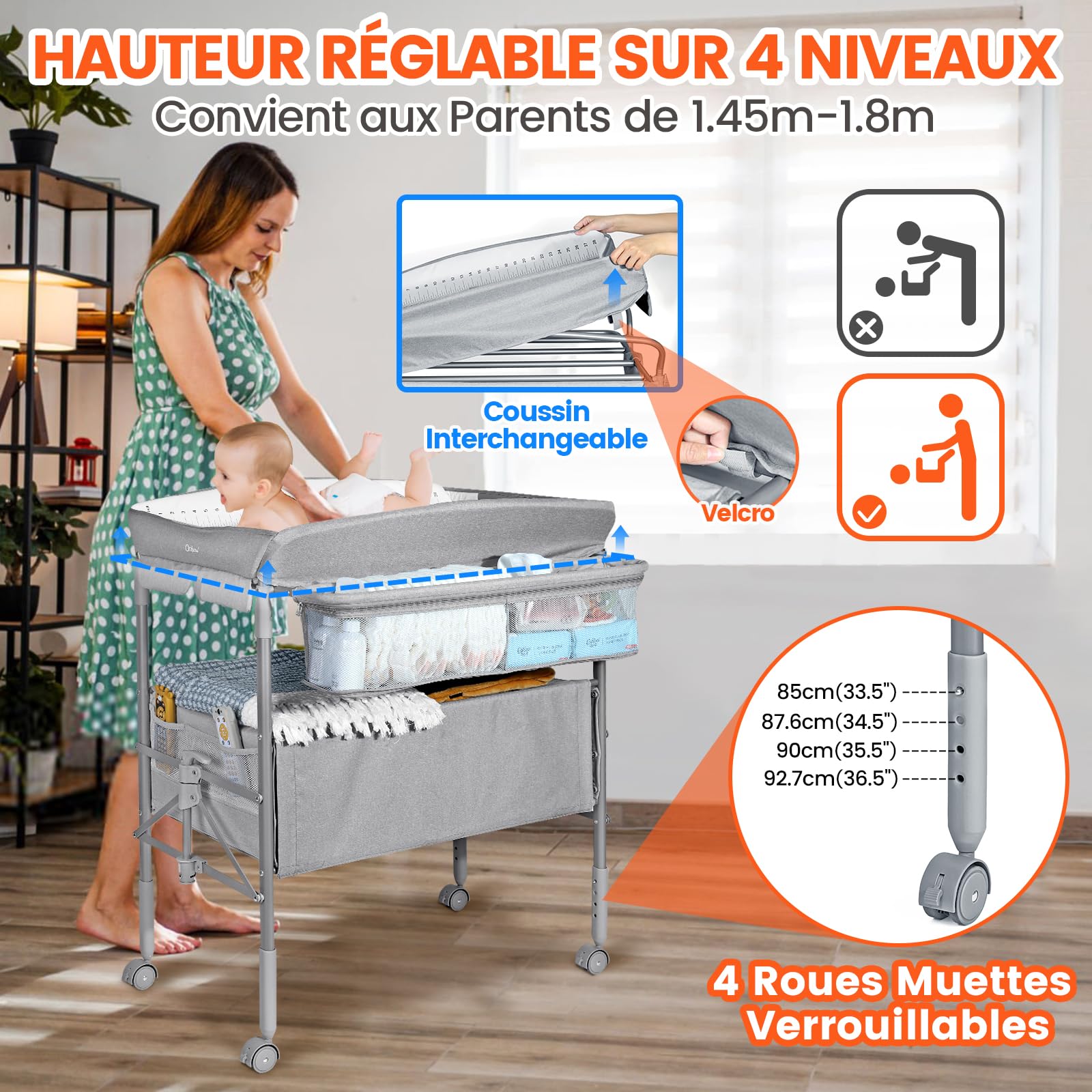 Table a Langer Bebe avec Tiroir et Veilleuse, Table à Langer Pliable à Hauteur Réglable avec Sangle de Sécurité, Espace de Stockage Extra Large, Mobile Commode a Langer Bebe, Gris