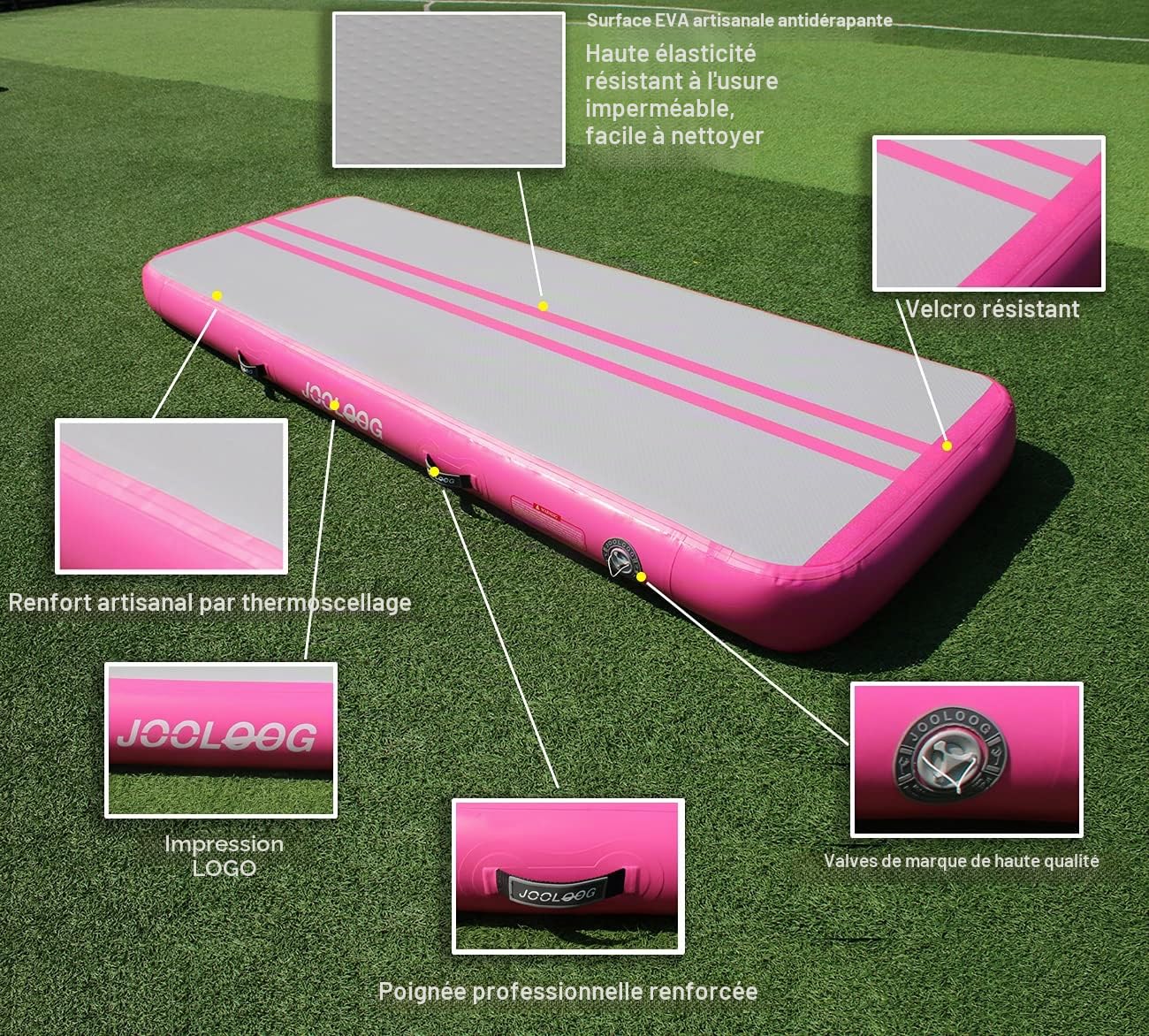 Tapis de gymnastique gonflable de 3m x20 cm d'épaisseur - Pour usage domestique, gym, yoga, entraînement, pom-pom girl en plein air, plage, parc avec pompe à air électrique - Rose