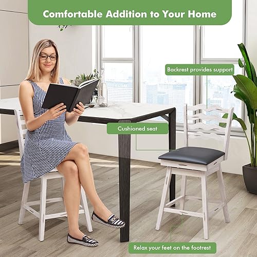 Miniatura 7 de COSTWAY Juego de 2 taburetes de bar, sillas giratorias de altura de mostrador de 360 de 25 pulgadas con marco de madera de goma, asiento acolchado,