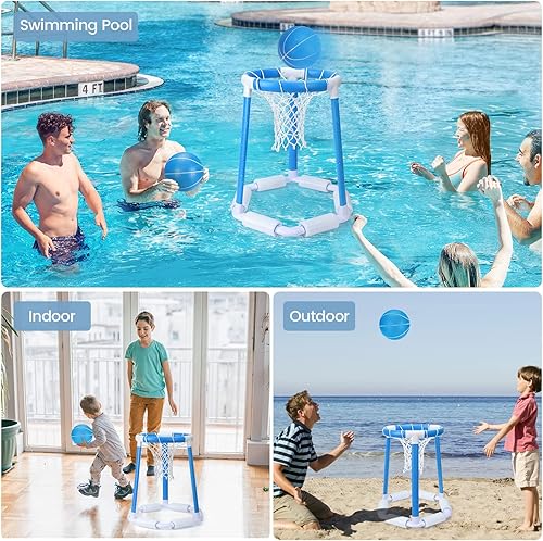 Miniatura 4 de Paquete de 2 aros de baloncesto para piscina, juego de aro de baloncesto junto a la piscina con 2 bolas y bomba, aros de baloncesto de agua,