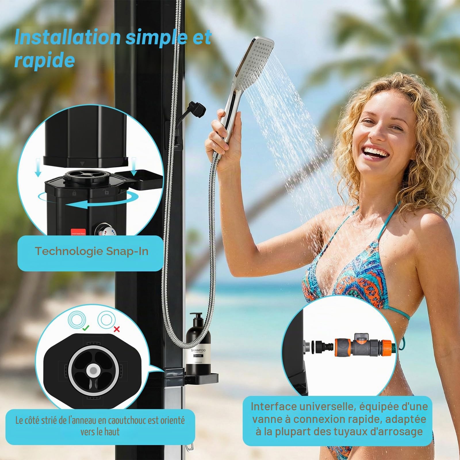 LIFERUN Douche Solaire 60L, Douche de Jardin Solaire, avec Pommeau de Douche, Douchette, Robinet et Housse de Protection, Eau Chaude jusqu'à 60 °C, sans Raccordement Électrique, pour Piscine Plage