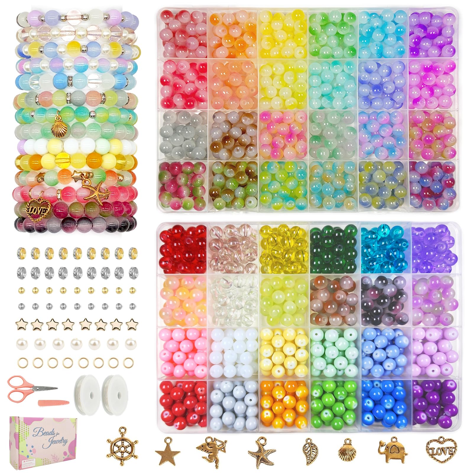 NEWMIAO 1528 Pcs 8mm Glass Beads Bracelet Making Kit, 48 Colors Crystal Beads for Jewelry Making, Round Glass Beads with Charms for Bracelets and DIY Crafts (48-Color-2)