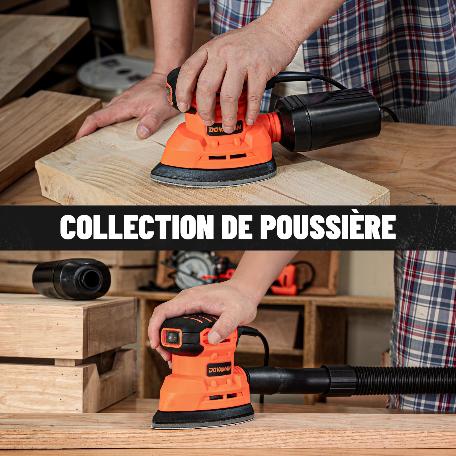 DOVAMAN DLS03A Ponceuses de Détail 130W, jusqu'à 12000 tr/min, 12PCS Papier Abrasif Adhésif, 2 Options de Collecte de Poussière, Faible Vibration, Ponceuse Électrique Parfaite pour les Bois et Acier