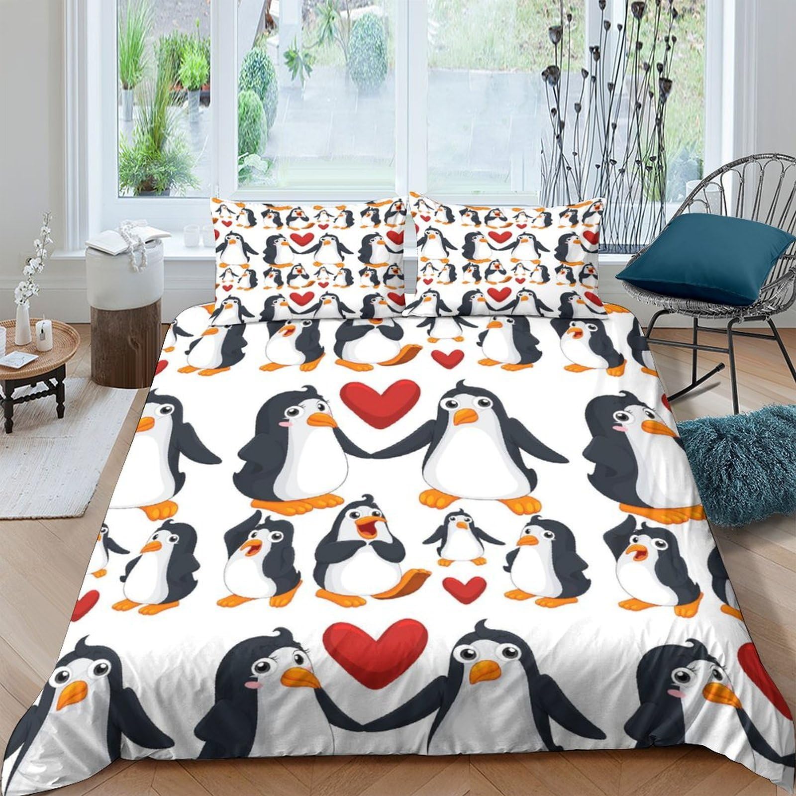 Ctjqhvkz Style-4 3D Printed Cute Penguin Heart Fitted Sheet Microfiber Soft Bed Cover For Bedroom Guest Room Mattress Decor Single（135X200cm）