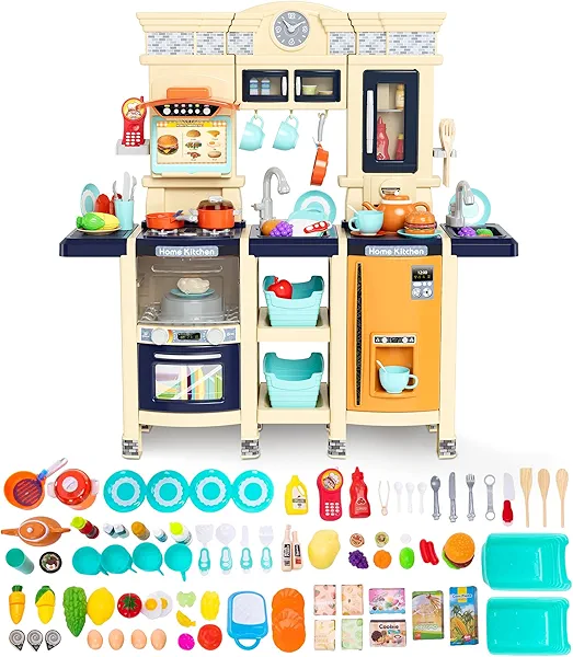 [2025 Upgraded] Kitchen for Kids & Toddlers Play Kitchen Set with Tablet Ordering, Music, Lights & Sounds, Steam Stove & Boiling Bubbles, Oven Dings, Faucet & Dishwasher,Easy-Install,Life Skills(Blue)