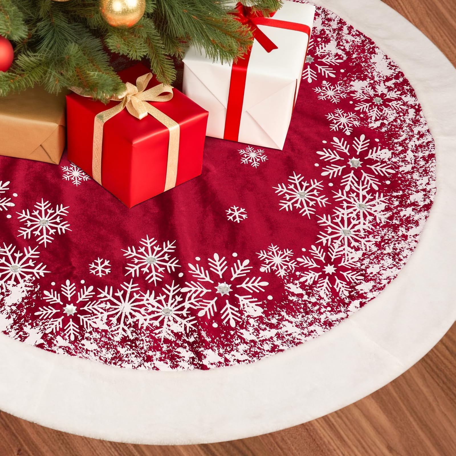 PIKRONSH Christmas Tree Skirt, 48 Inch Red Velvet Tree Skirt with Snowflakes Patterns, Indoor Christmas Decorations