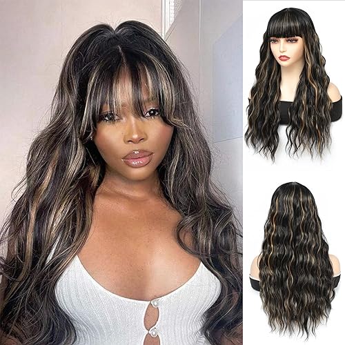 X-TRESS Pelucas sintéticas negras onduladas de 20 pulgadas con flequillo pelucas sintéticas naturales rizadas negras para mujeres negras pelo