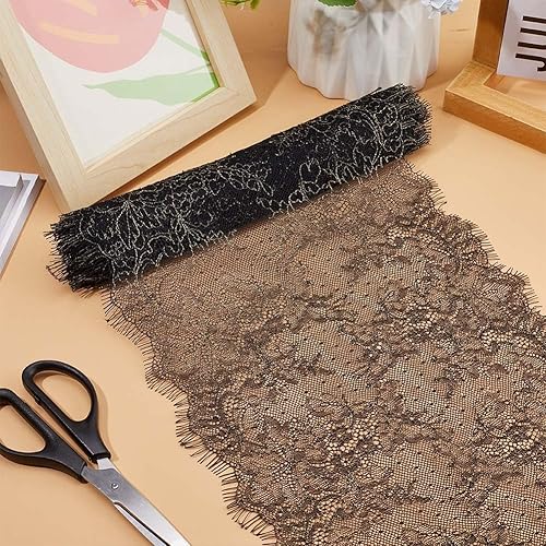 Miniatura 6 de GORGECRAFT 3.3 Yard X 10 Inch Wide Metallic Lace Fabric Black Gold Lace Ribbon Trimming Eyelash Embroidery Sewing Applique Floral Border Roll for