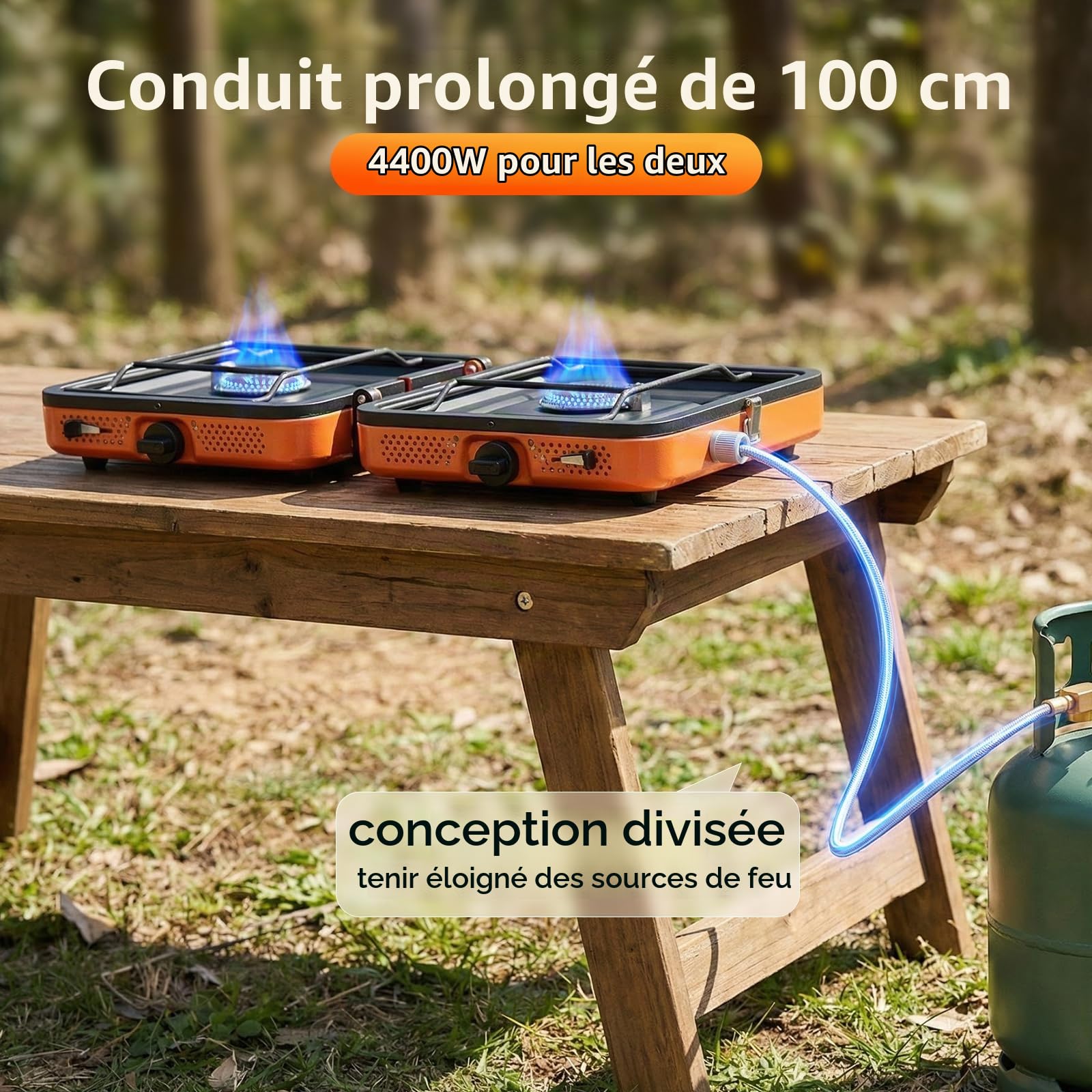 Réchaud de Camping Portable 2 Brûleurs 4400W, Cuisinière à Gaz Puissante pour Cuisson en Extérieur, Réchaud Pliable avec Allumage pour Randonnée Pique-nique Voyage