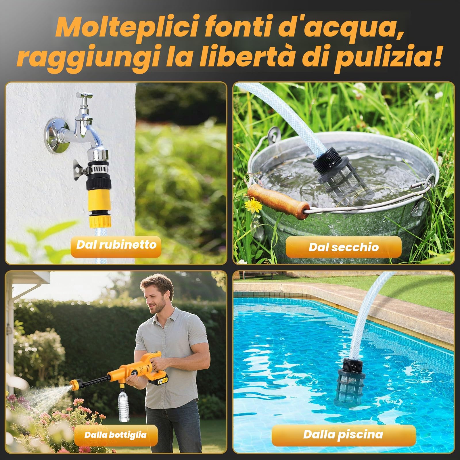 Idropulitrice a Batteria, Idropulitrice Portatile con 2 batterie da 4000 mAh, Ugello 6 in 1 e Controllo Pressione Regolabile,Agganciabile al Rubinetto, con Valigia per Giardino, Auto e Pulizie Esterne