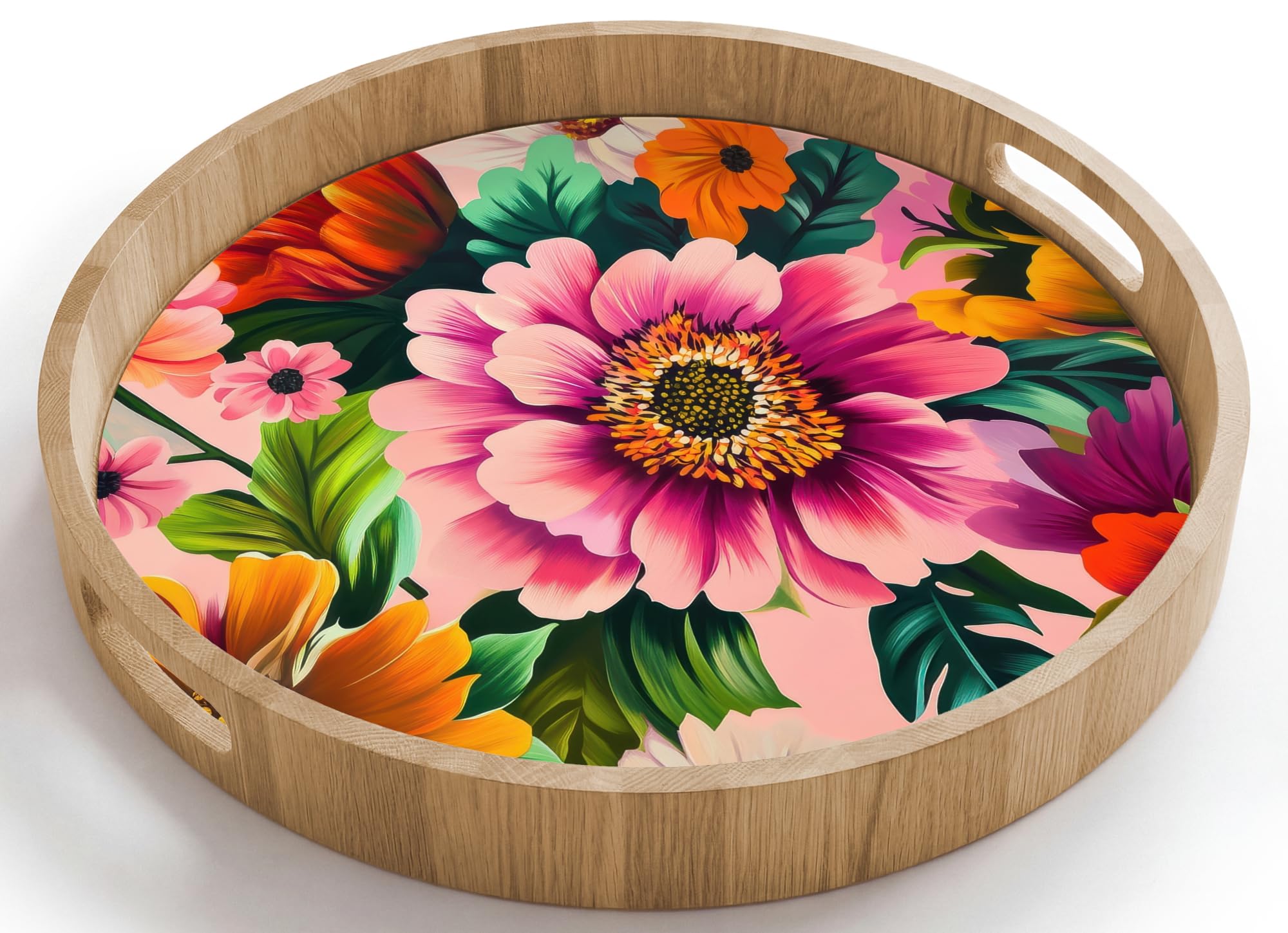 Bandejas De Madera Redonda 40x40 cm Bandeja para Servir Roble Decorativa Resistente A Los Arañazos Tabuleiro Diseño Desayuno Flores - Colorido - Rosa