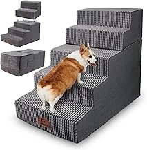 Sytopia Hundetreppe Große Hunde 5 Stufen Hoch, Hundetreppe für Bett 60cm, Haustiertreppe waschbar, hochdichter Schaumstoff, für verletzte ältere Hunde (57cm Höhe, Grau)
