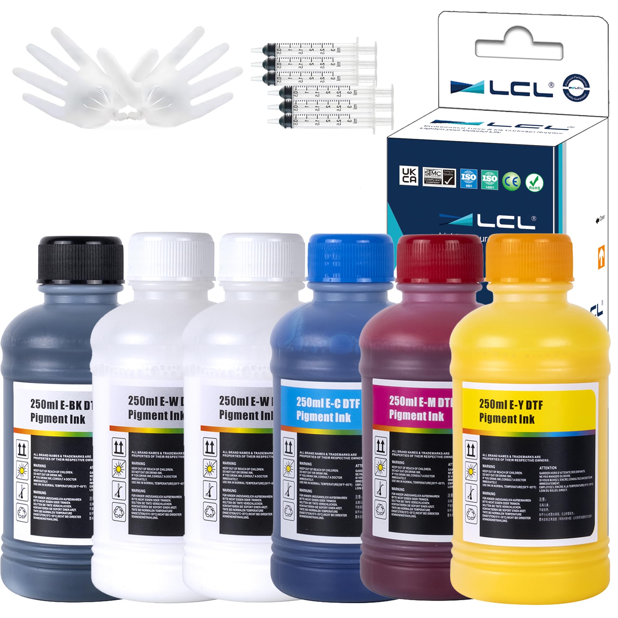 LCL 1500ML DTF Tinte, DTF Transfertinte Nachfülltinte für Epson ET-8550, XP-15000, L1800, L805, R1390, R2400, F2000, F2100, F2200, P700, P900,Wärmeübertragungsdrucktinte Set (250 ml x 6, CMYK 2 Wh)