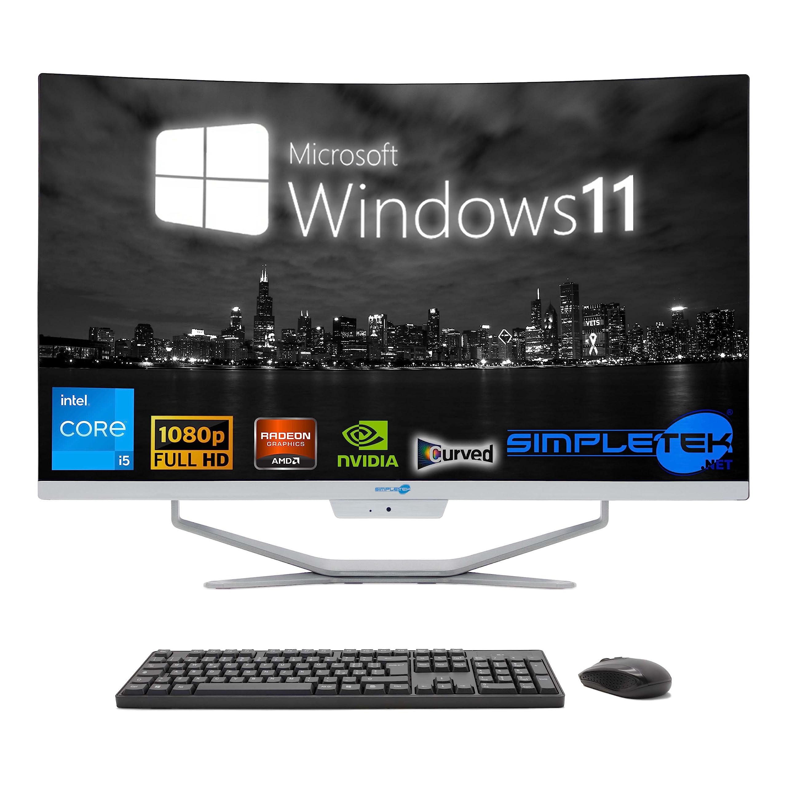 SIMPLETEK – Ordinateur tout-en-un 27" incurvé | Processeur Intel i5 10 Gen | Carte vidéo GT710 1 Go | Windows 11 | 16 Go RAM 480 Go SSD | Idéal pour les graphiques, les jeux, le travail