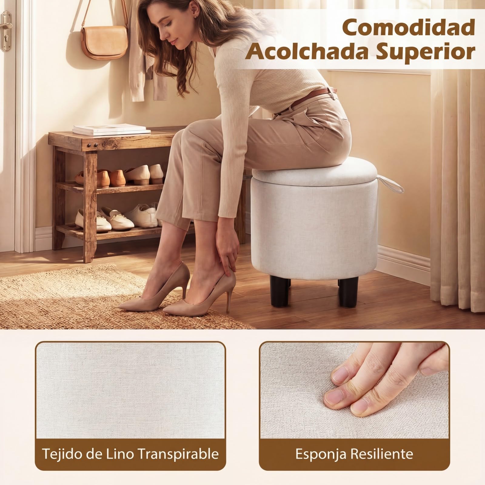 COSTWAY Puff Almacenaje Redondo, Taburete Reposapiés Tapizado en Tela de Lino con Tapa Abatible de Doble Uso, 4 Patas, Otomana de Almacenamiento, Montaje Fácil, para Sala de Estar y Dormitorio, Beige