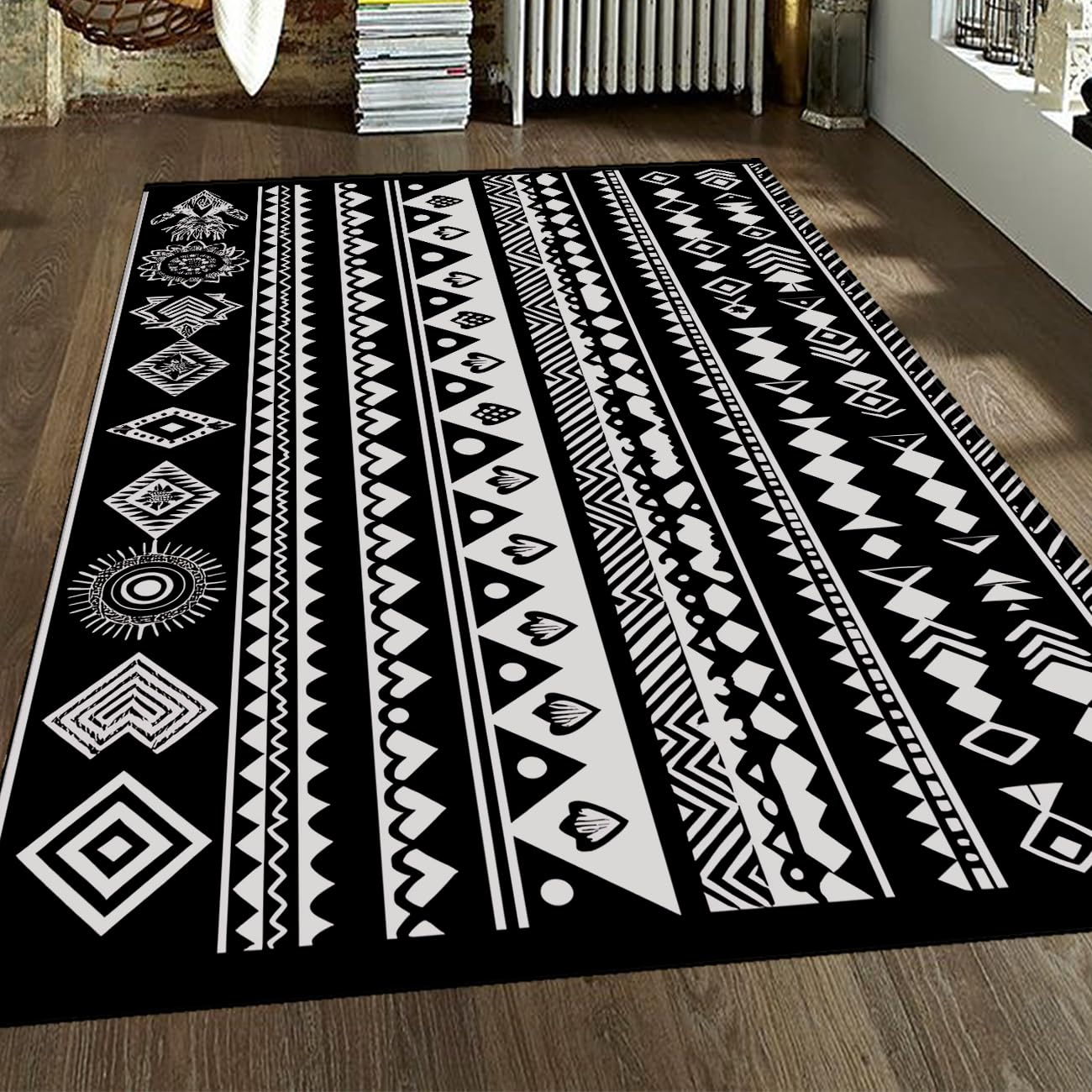 Tapis noir blanc minimaliste 180x300cm géométrique nordique pour salon