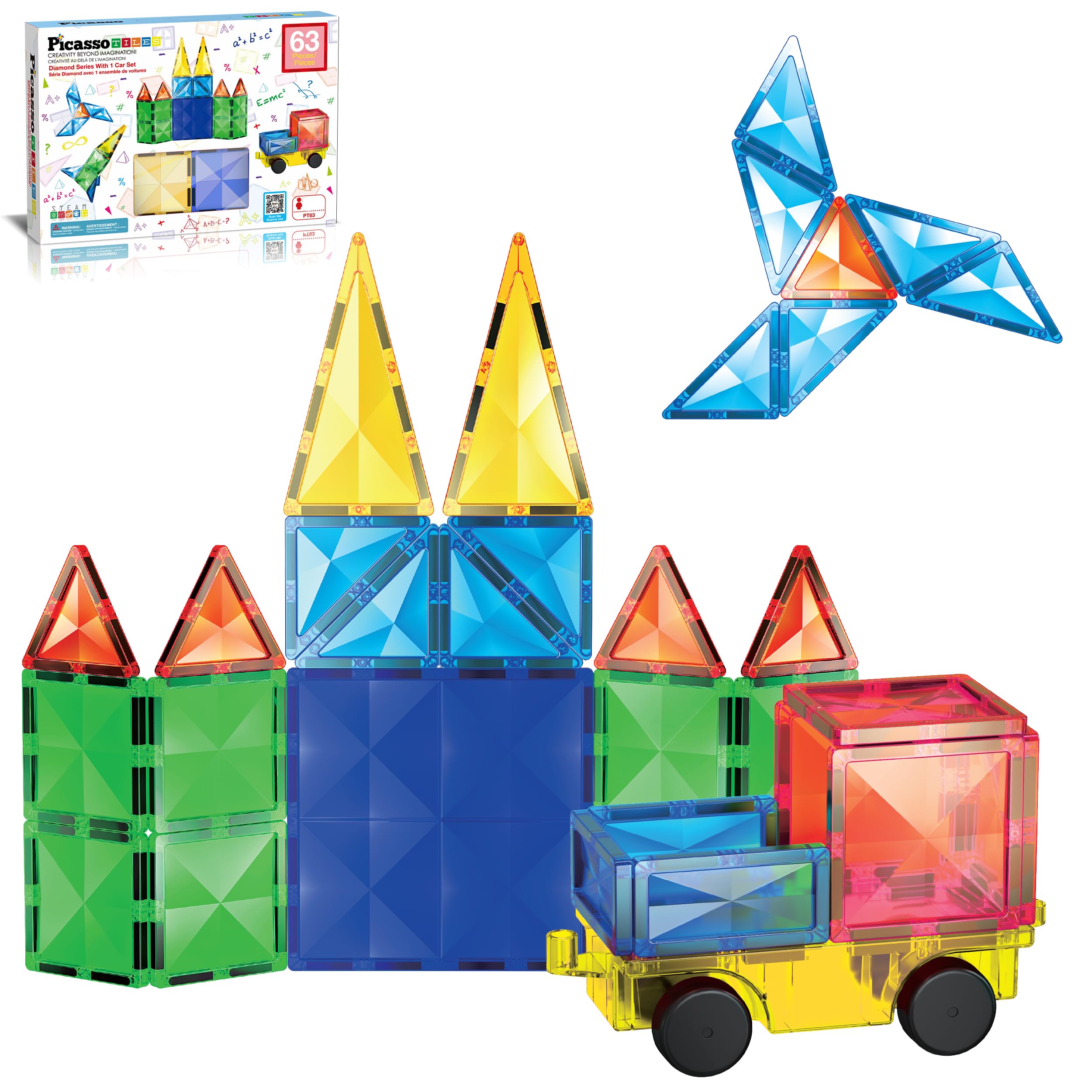 PicassoTiles 63 Piece Magnetic Building Block Construction Toy Set
