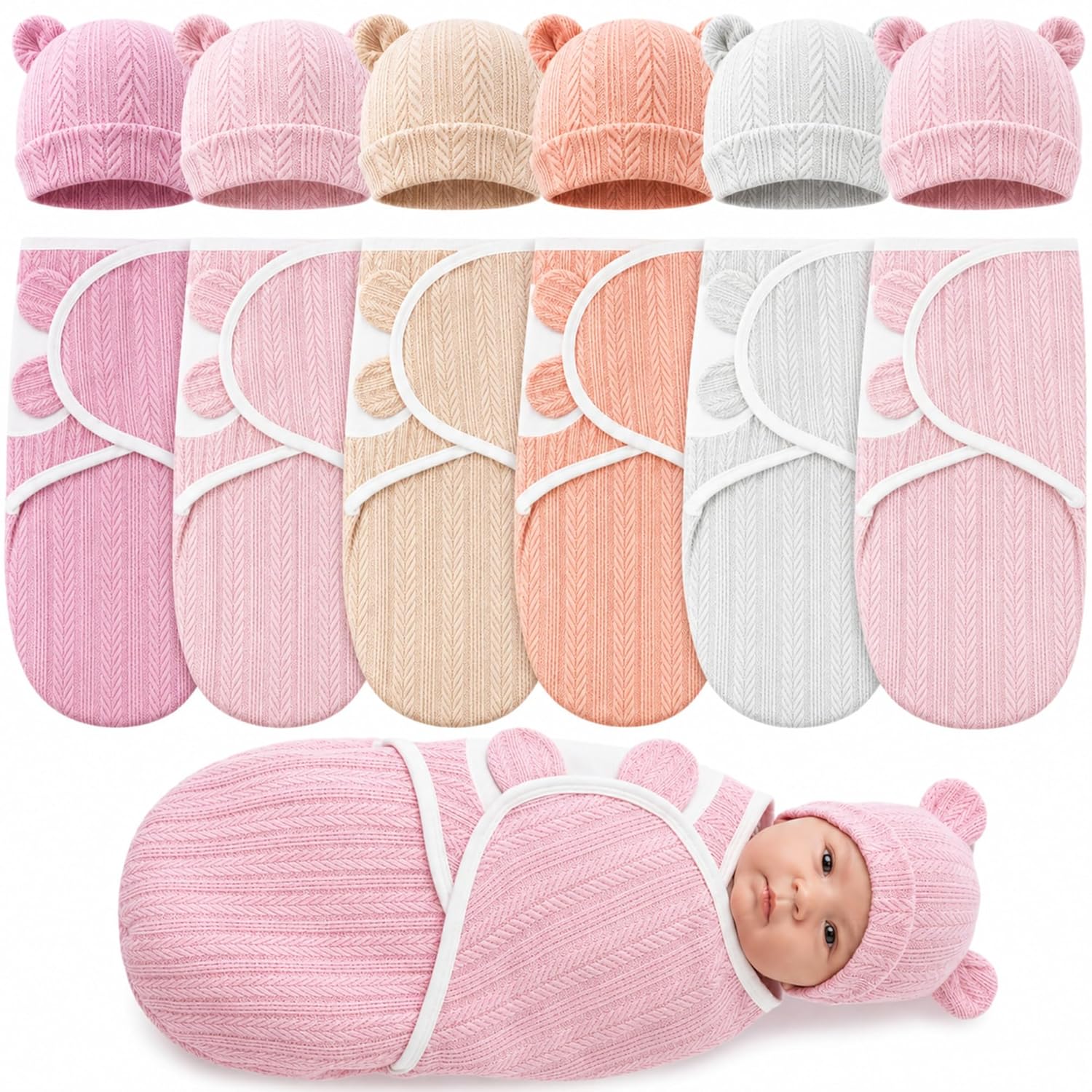 Ramede 6 Pack Preemie Swaddle Blanket with Hats Sleep Swaddle for Baby Boy Girl Preemie Newborn Sacks Soft Cotton Wearable (Wheat,Soft Pink)