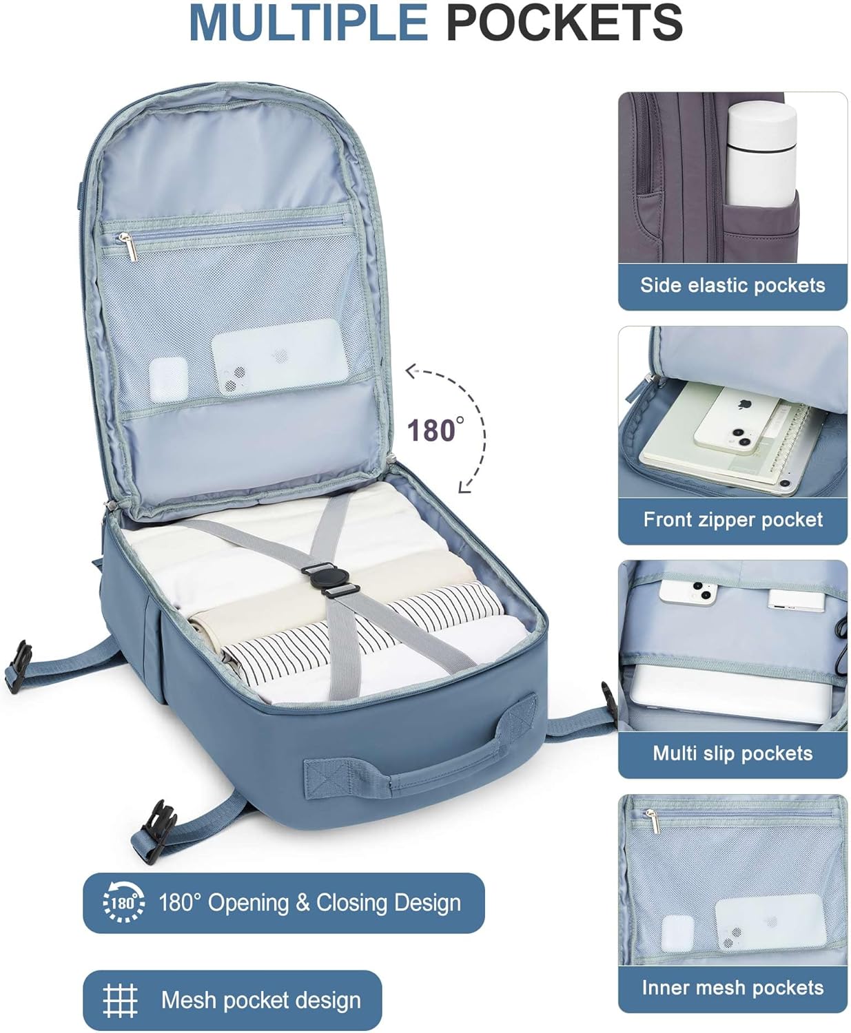 BJLFS Travel Backpack for Women Men, Carry on Backpack Flight Approved Item Bag,Casual Daypacks Cabin Bagage,Hiking Backpack Lightweight Rucksack, Business Laptop Backpack with USB Charger Blue Large - Image 5