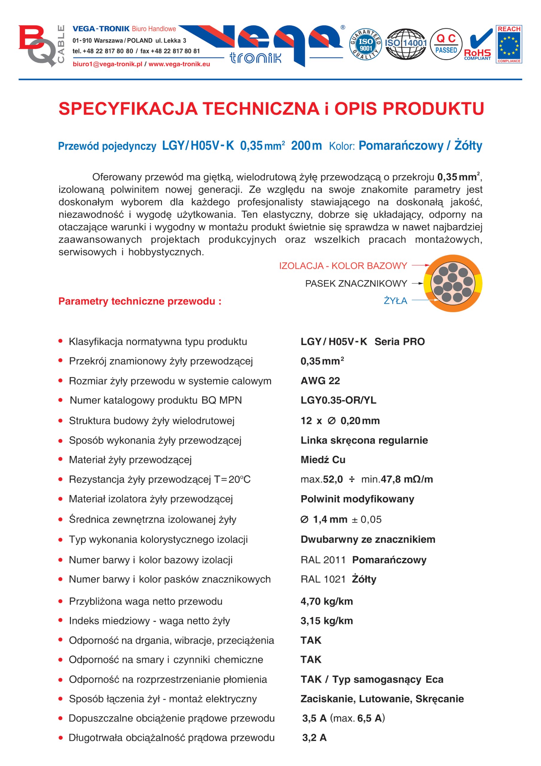 Przewód pojedynczy LGY/ H05V- K 0,35 mm2 200 m Kolor: pomarańczowy/żółty