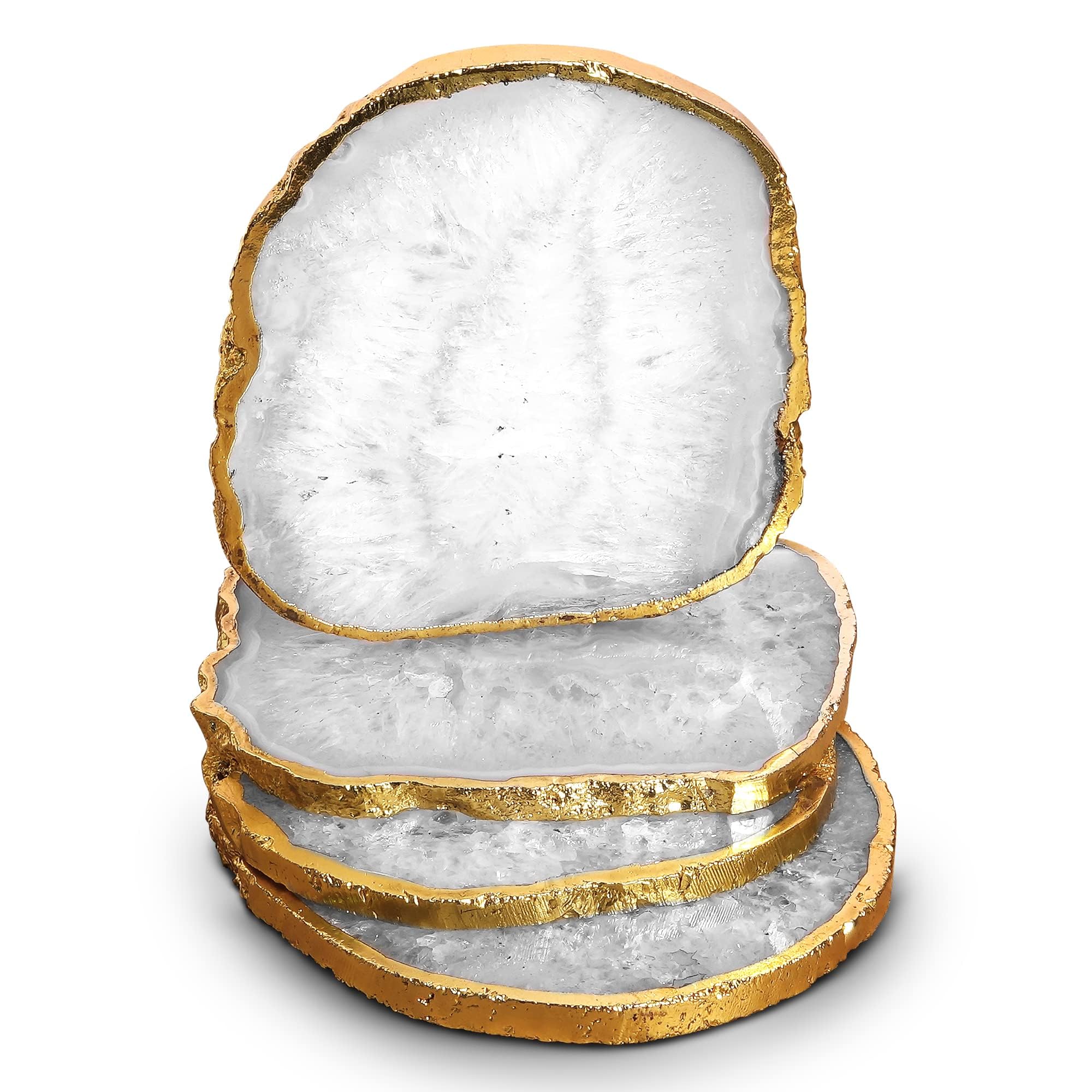 Posavasos de ágata Natural – Cristal de Piedra Preciosa Blanca brasileña con Borde Dorado | Adecuado para Mesa de café y Madera, Fiestas en casa, Regalos de Boda | Se Adapta a Cualquier Taza, Vaso,