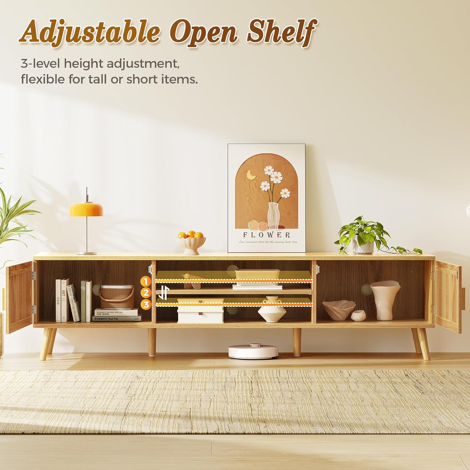 SUPERJARE 70.9 Inch Boho TV Stand for 75 Inch TV, Entertainment Center with Adjustable Shelf, Rattan TV Console with 2 Cabinets, Media Console, Solid Wood Feet, 4 Cord Holes, for Living Room, Natural