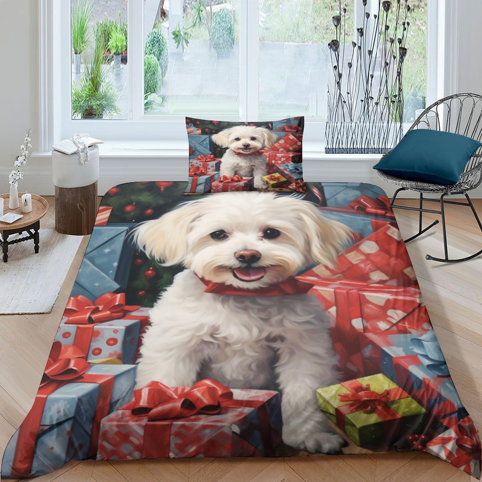 Housse de couette chiot blanc fermeture éclair lit sans pli 3D