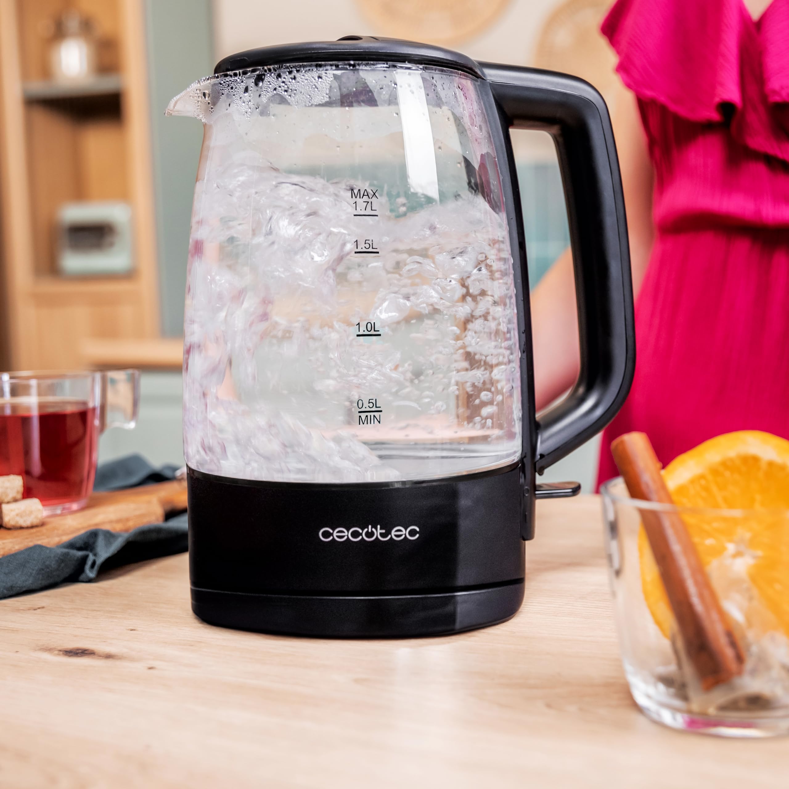 Cecotec Bollitore Elettrico per Acqua da 1,7 L ThermoSense 320 Clear. 2200W, Corpo in Vetro di Borosilicato di Alta Qualità, Indicatore Luminoso, Base con Rotazione a 360º, Sistema di Sicurezza