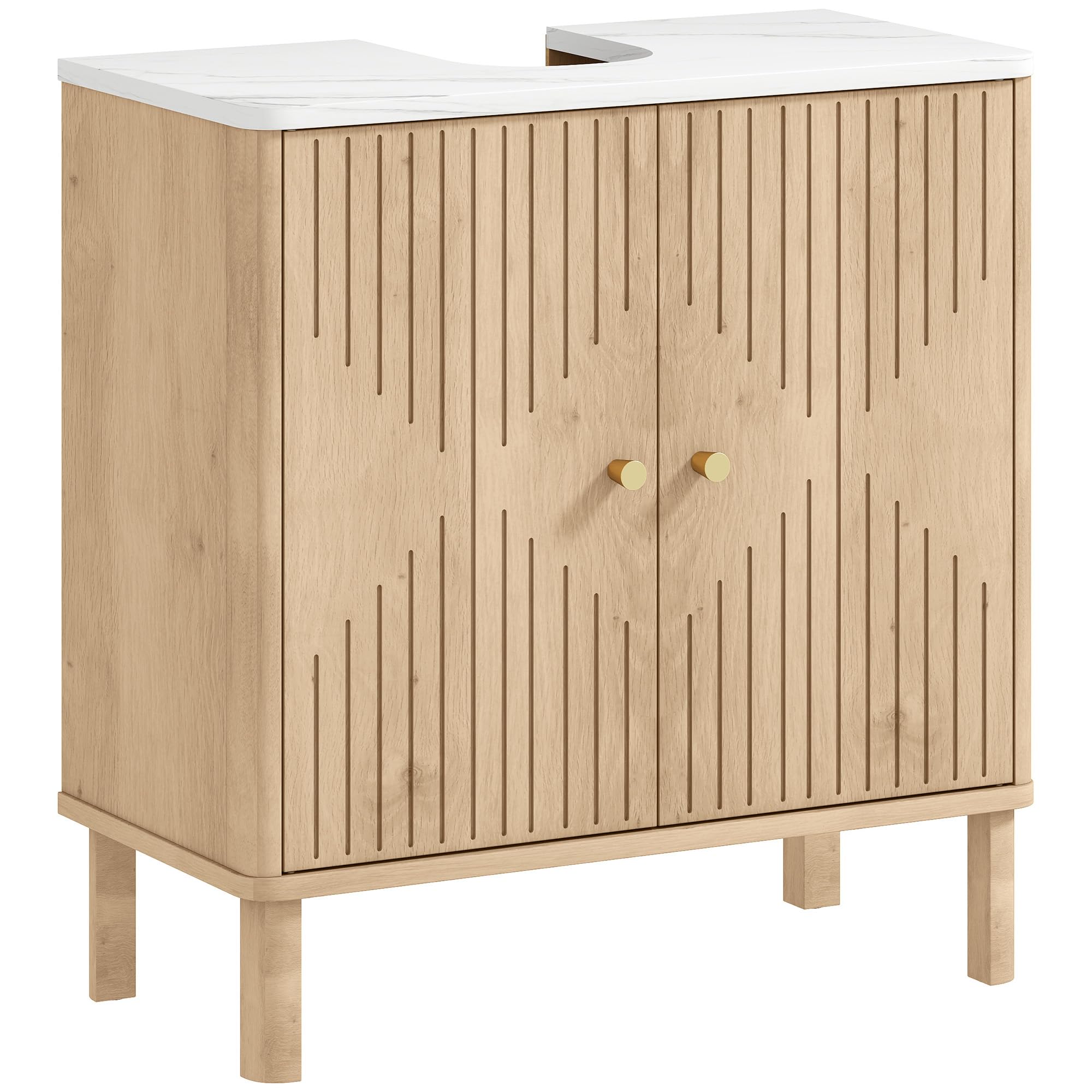 HOMCOM Mobile Sottolavabo con 2 Ante Decorate, Mobiletto Bagno con Ripiano Effetto Marmo e Mensola Regolabile Sotto Lavabo, adatto per Lavabi Con o Senza Piedistallo, Rovere