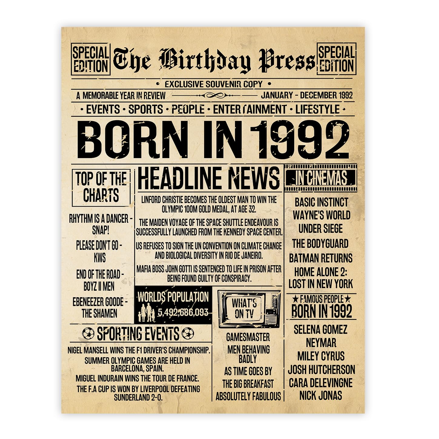 Stuff4 34th Birthday Poster Unframed - Born In 1992 Vintage Newspaper - Happy 34th Birthday Gifts for Women Men Retro Back In 1992, 8x10 Inch Decor Decoration Bday Party