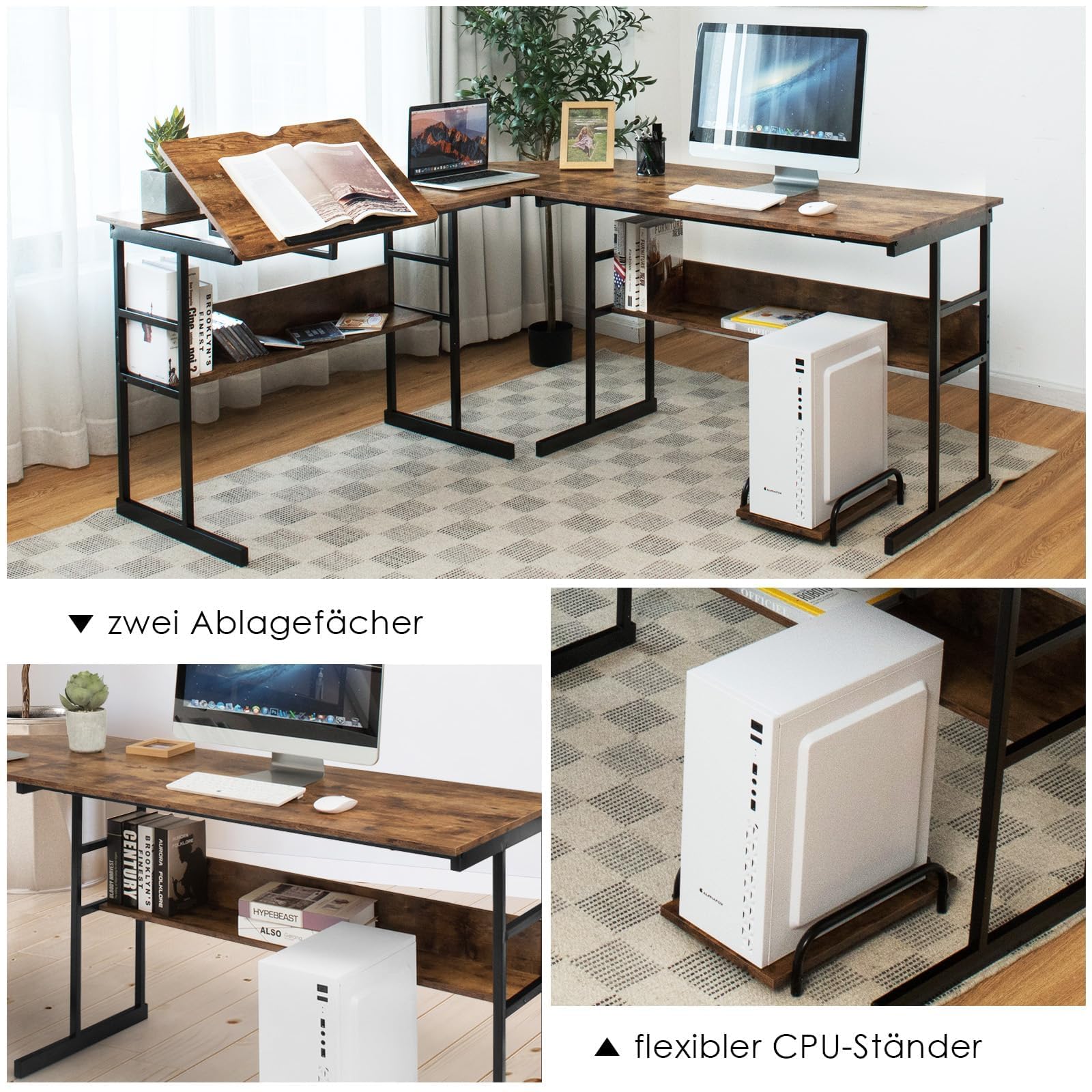 COSTWAY L-förmiger Schreibtisch, Eckschreibtisch aus Holz mit neigbarer Tischplatte, 2 Ablagen & CPU-Ständer, Computertisch für Zuhause & Büro, 170 x 150 x 75 cm (Braun)