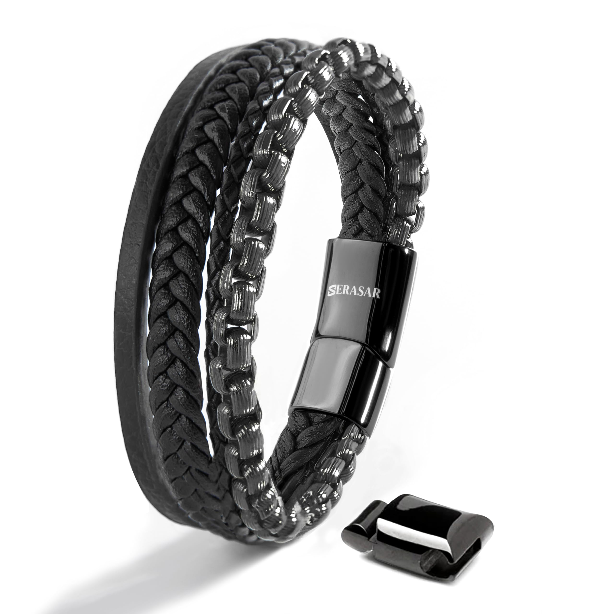 SERASAR Premium Leather Bracelet Men | Stainless Steel Magnetic Clasp | Three Colors | Jewelry Box Included