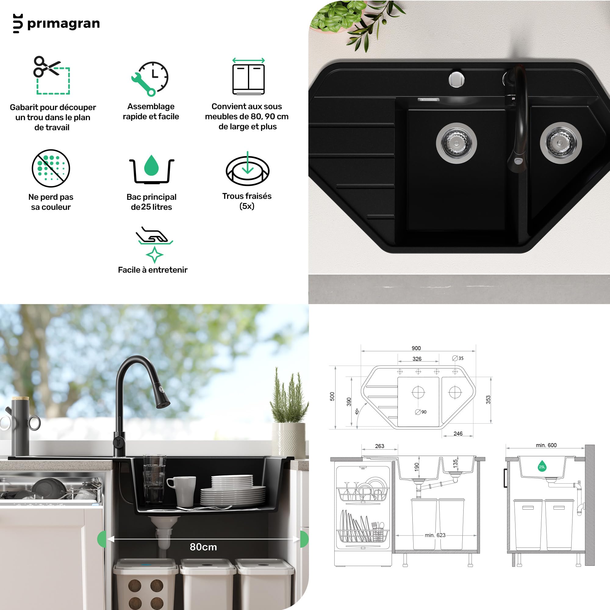 PRIMAGRAN Evier Cuisine en Granit Noir 90x50cm, Lavabo 1,5 bacs + Robinet 32x20cm + Kit de Vidage, Évier à Encastrer au Meuble 70cm - Copenhague S009
