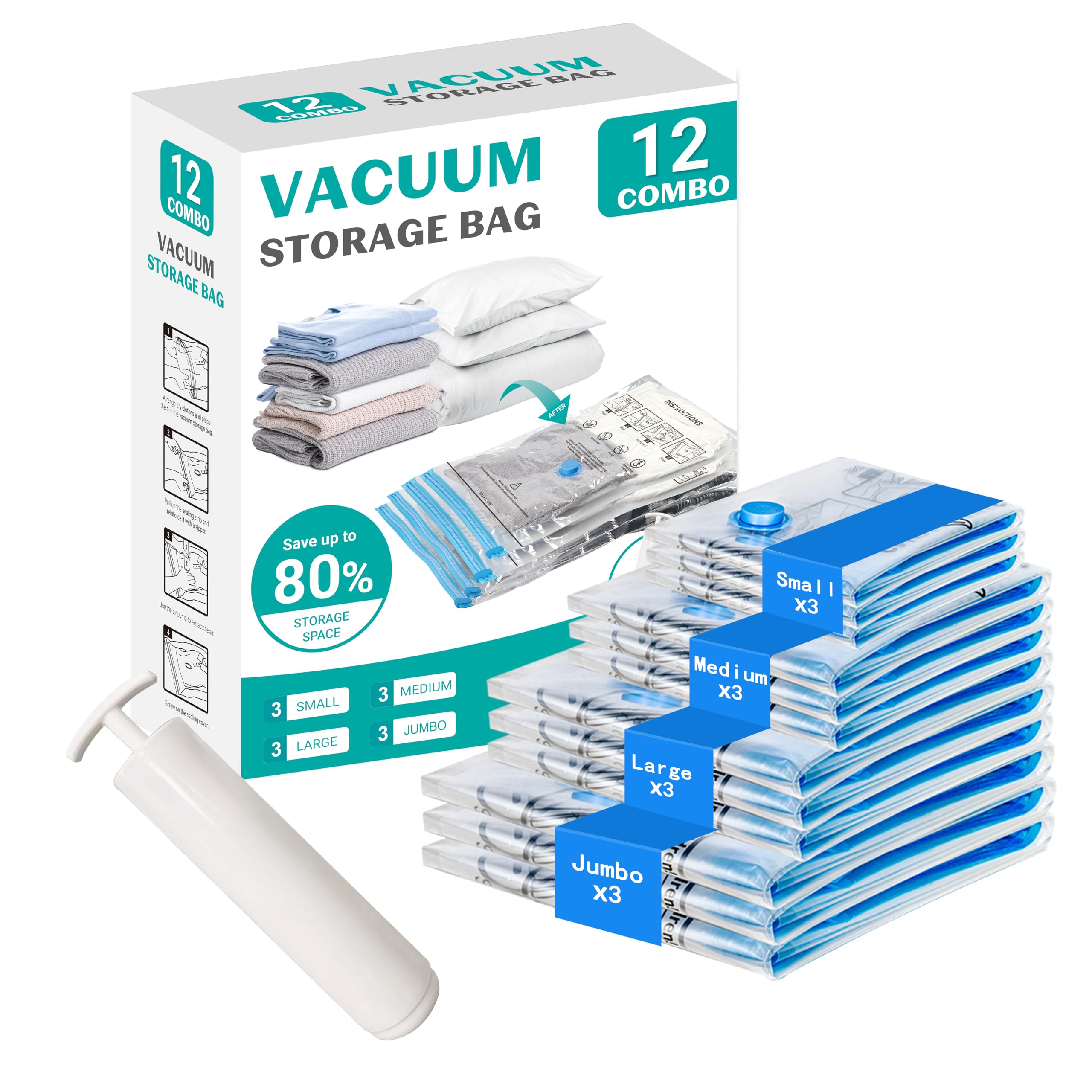 ZOESTORAGE Vacuum Storage Bags,12 Pack Vacuum Bags with Travel Hand Pump,Vacuum Pack Bags for Clothes,Blankets,Comforters,Pillows,Clothes Storage(3 x Jumbo, 3 x Large, 3 x Medium, 3 x Small)