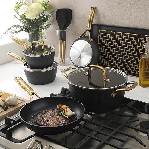 Miniatura 8 de Oster Platinum Abbottsford - Juego de utensilios de cocina de inducción antiadherentes de cerámica sin PFA, 16 piezas, color negro con dorado