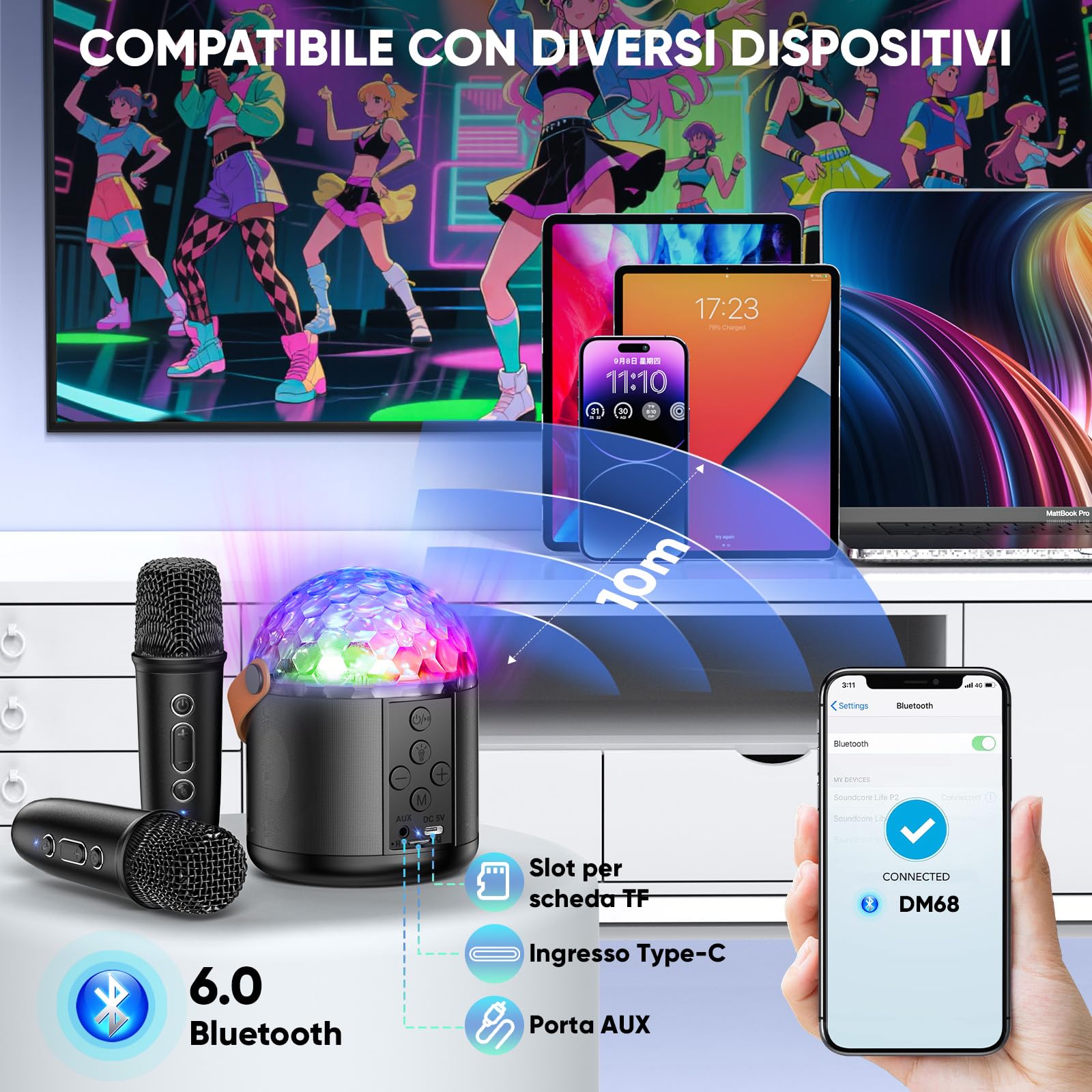 Karaoke con Microfono con Luci da Discoteca,Professionale Microfono Karaoke con 2 Microfono Bambini Adulti Cassa Bluetooth Portatile Giocattoli Regalo Adulti per Feste in Casa e Feste di Compleanno