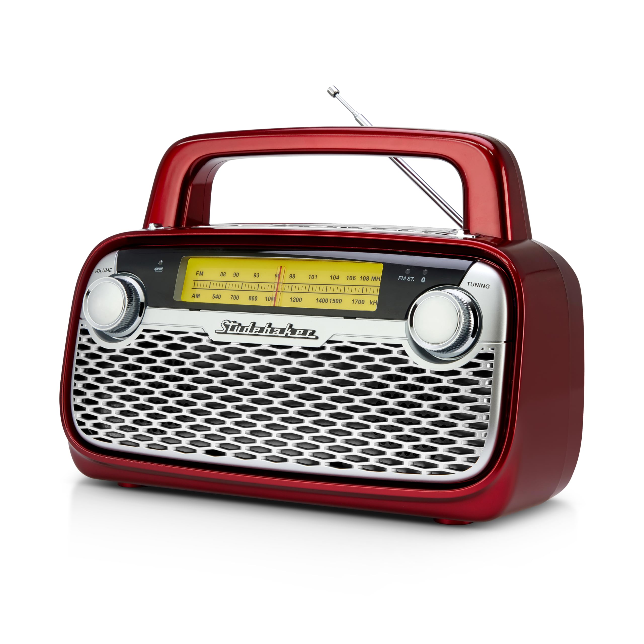 StudebakerSB2006 Bluetooth Speaker with AM/FM Portable Radio Bluetooth Streaming, Rechargeable Battery, and High Power (Red)