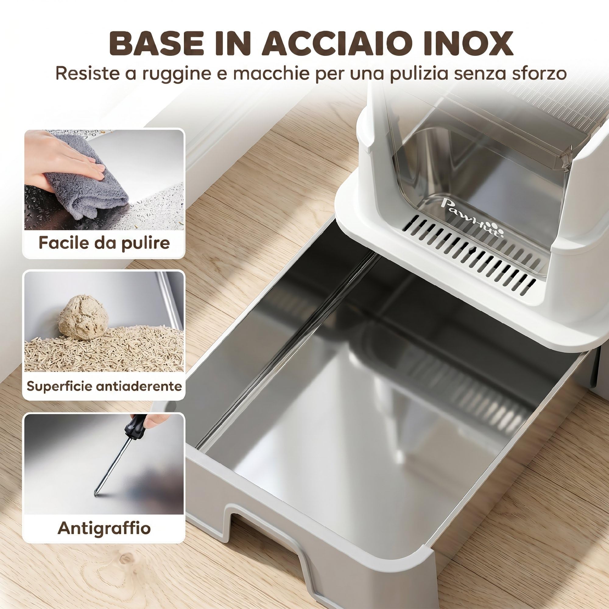 PawHut Lettiera Gatto Chiusa XL in Acciaio Inox con Coperchio 68L Grigio | 3 in 1 Toilette per Gatti, Vassoio Estraibile, Paletta, Pareti Alte, Antiperdita, Antiodore, Facile da Pulire