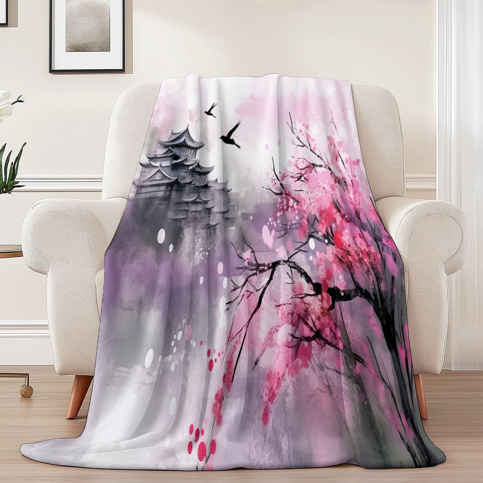Koc polarowy 200 x 220 cm chiński obraz tuszem kwiaty śliwki różowy koc flanelowy dla 2 osób, nadruki, miękkie i ciepłe na sofę łóżko