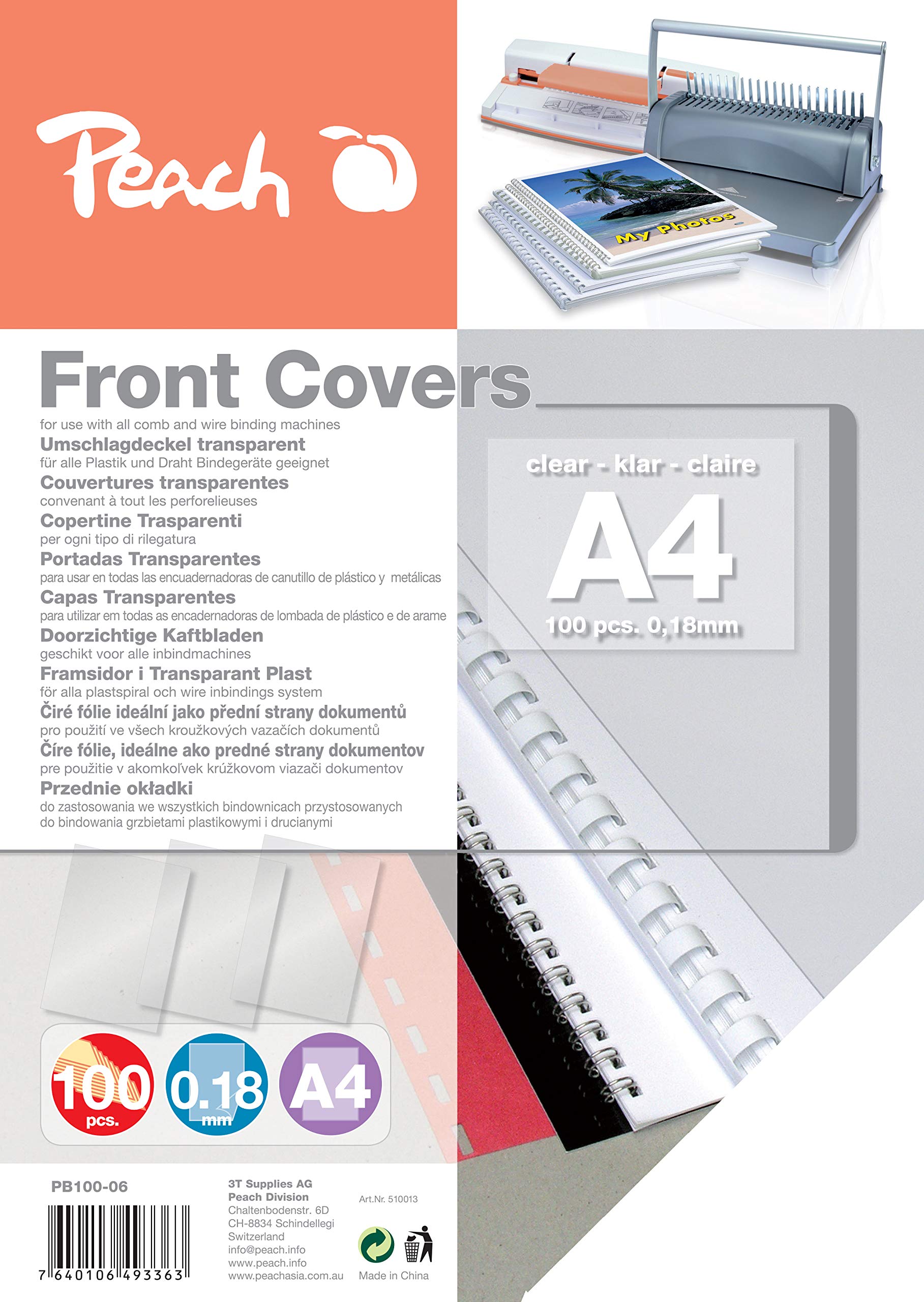 Peach PB100-06A Fogli Copertina A4 0,18 mm Trasparente Confezione da 200