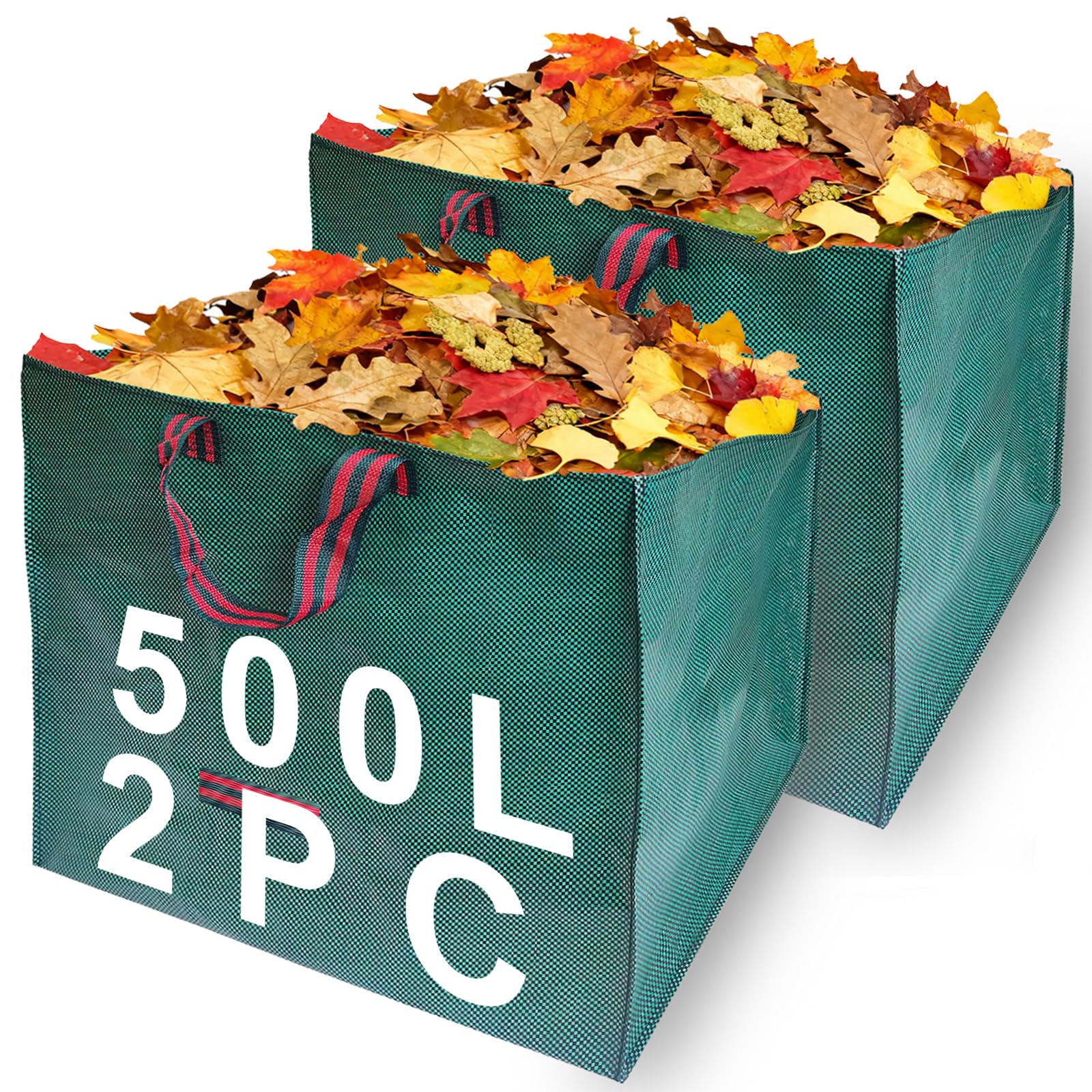 Goutime - Bolsa de hojas reutilizable, 500 L, plegable, bolsa de jardinería resistente con 3 asas, impermeable, bolsa de residuos verdes para jardín (500 x 2)