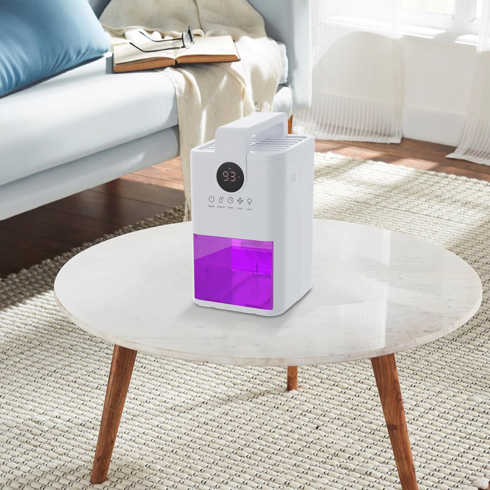 Deumidificatore elettrico 200 ml/giorno, 1 l, con LED a 7 colori e timer, silenzioso, 22,5 W, 30 m², deumidificatore per camera da letto, bagno, cantina, camper